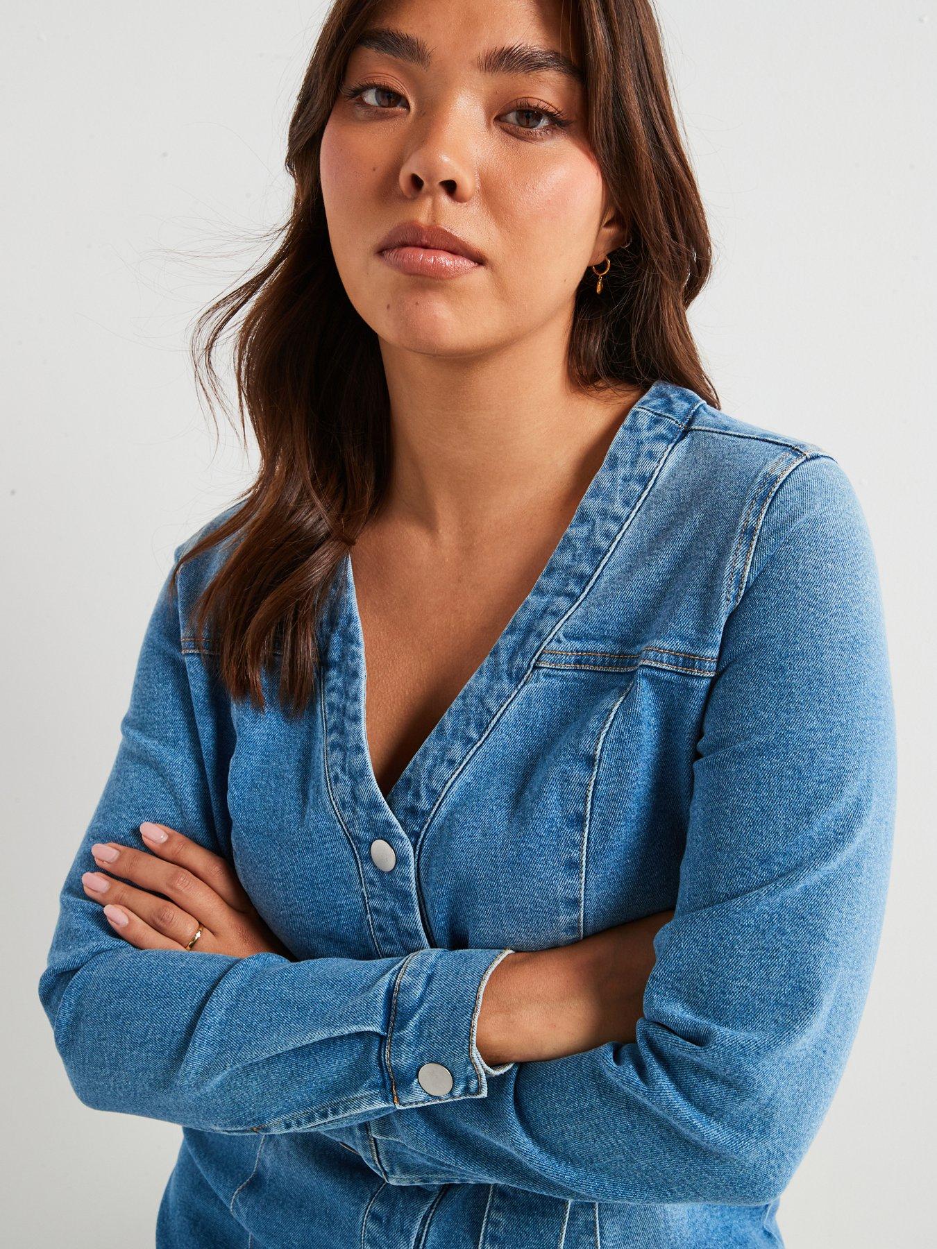  image of v-by-very-curve-belted-stretch-denim-dress-blue