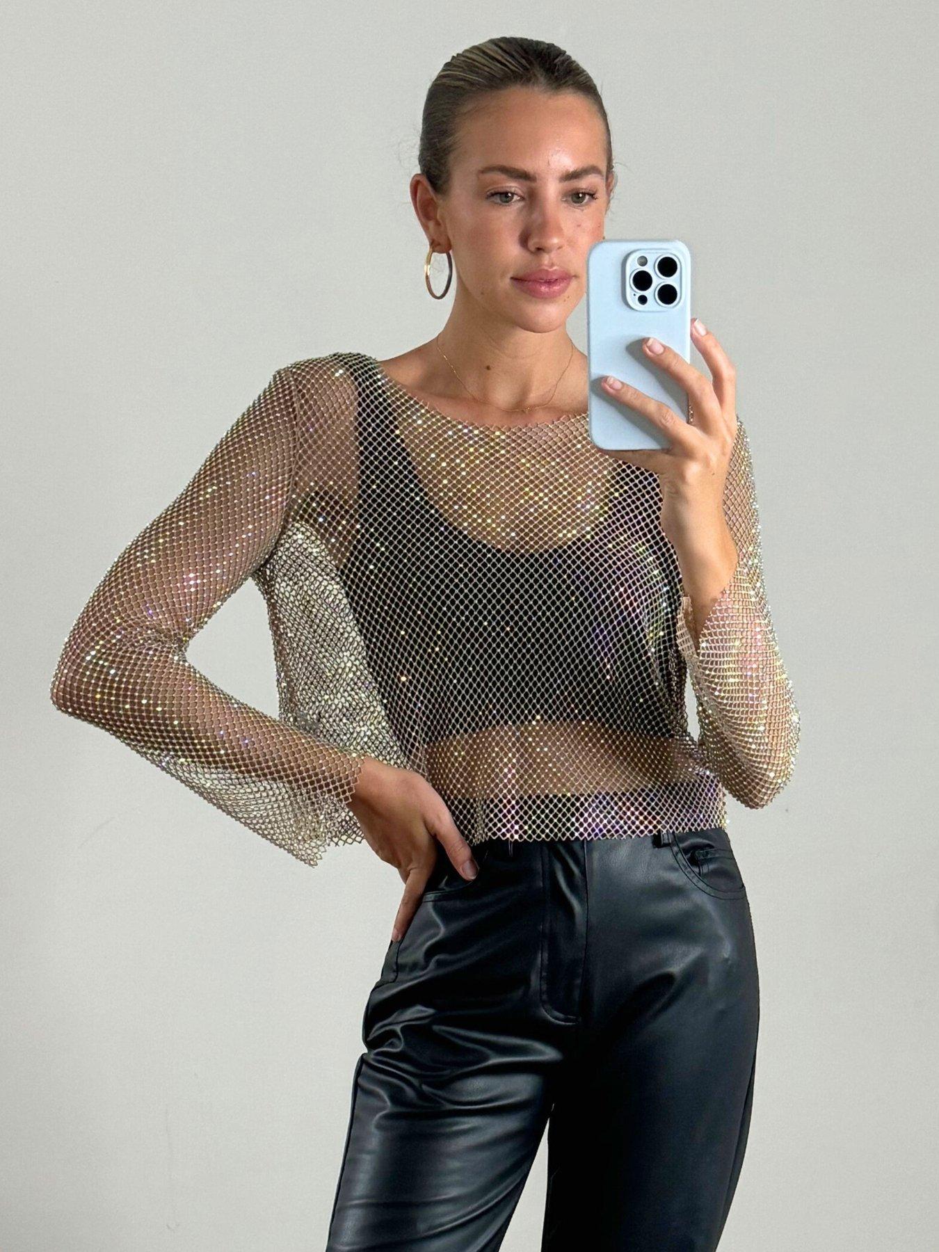 undefined Mesh Rhinestone Top - Gold