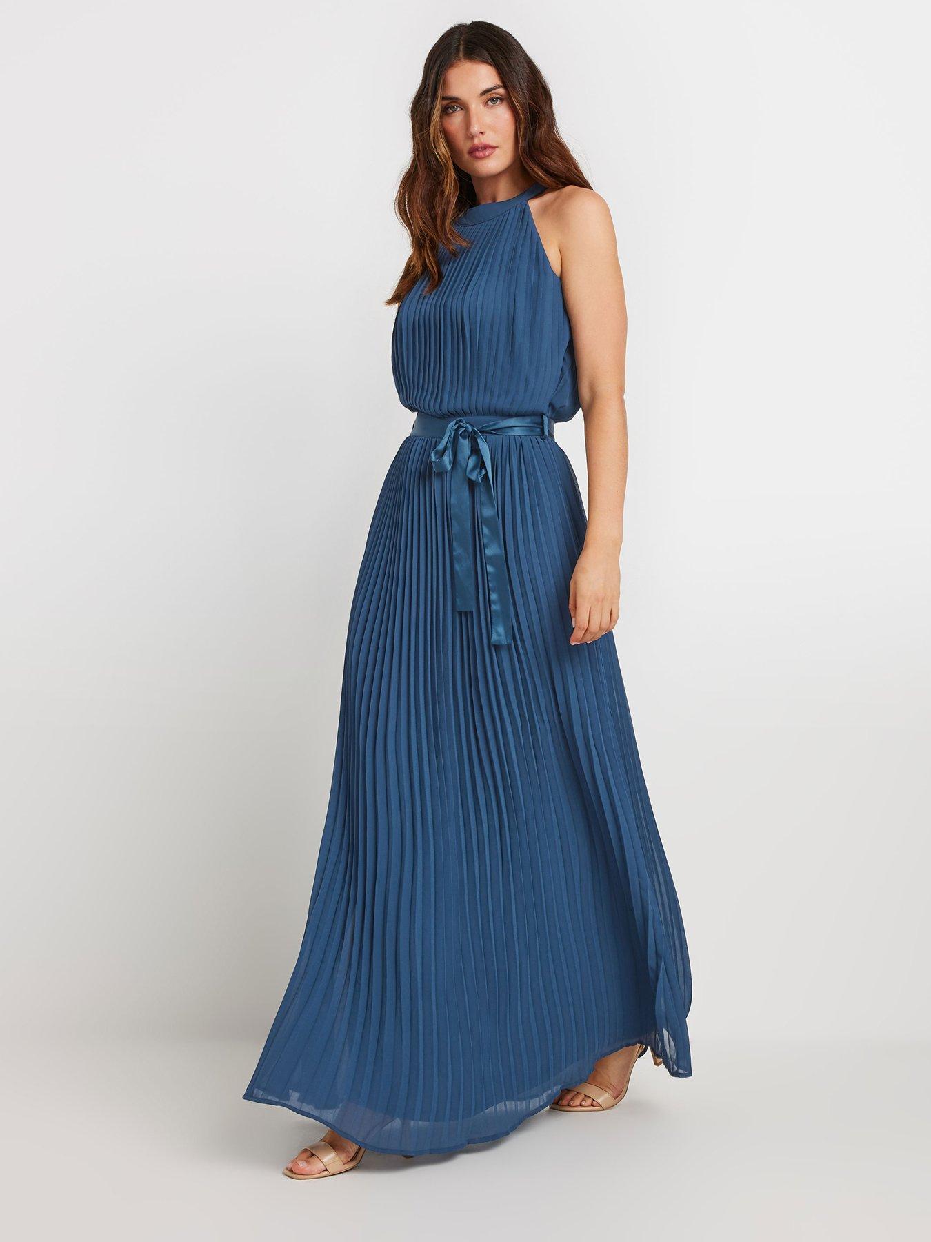 undefined Halter Neck Pleated Maxi Dress - Blue