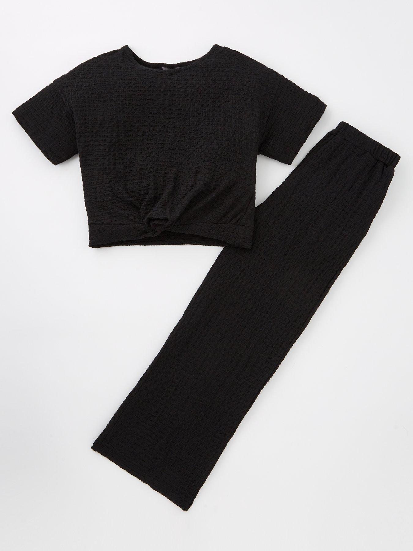  image of v-by-very-girls-textured-top-and-trouser-set-black