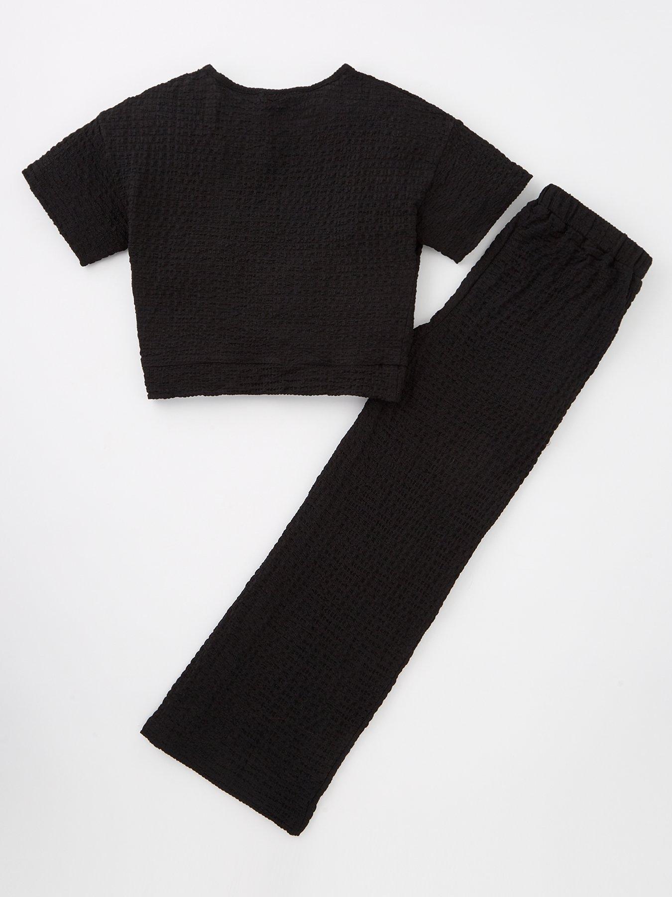  image of v-by-very-girls-textured-top-and-trouser-set-black