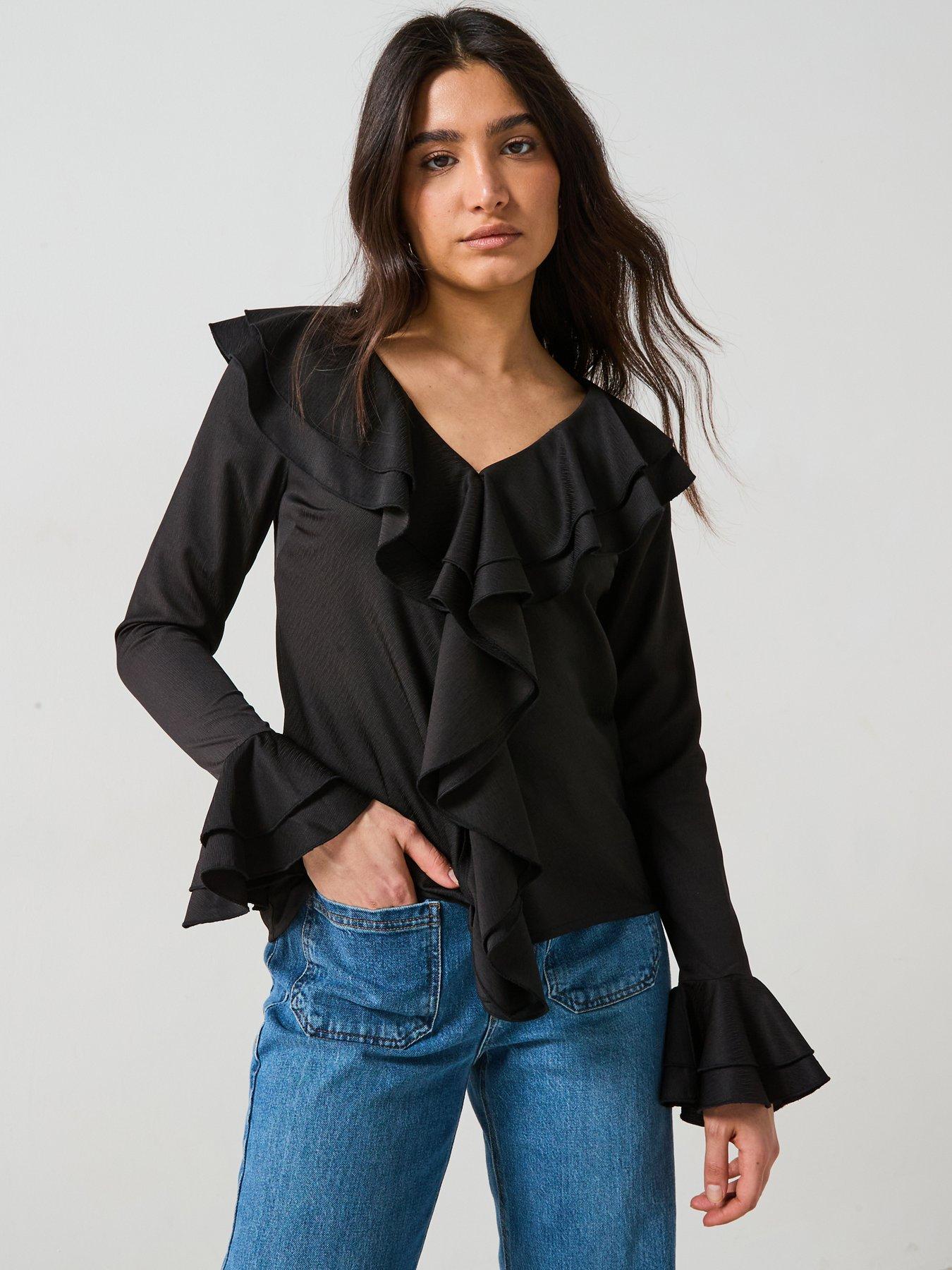 V by Very V Neck Ruffle Longline Blouse - Black | Littlewoods