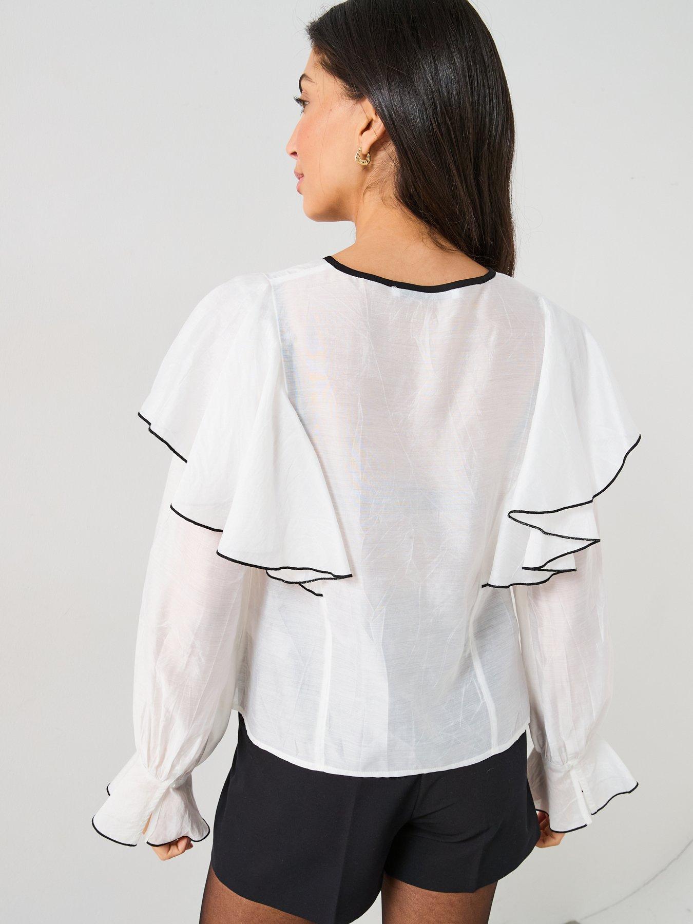  image of v-by-very-mono-contrast-tie-ruffle-blouse-multi