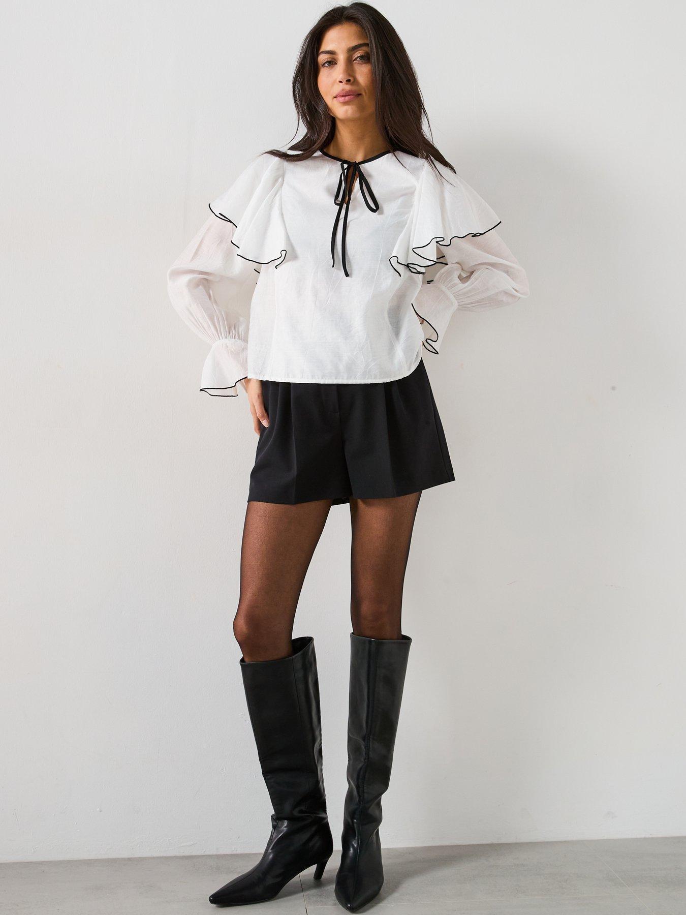  image of v-by-very-mono-contrast-tie-ruffle-blouse-multi