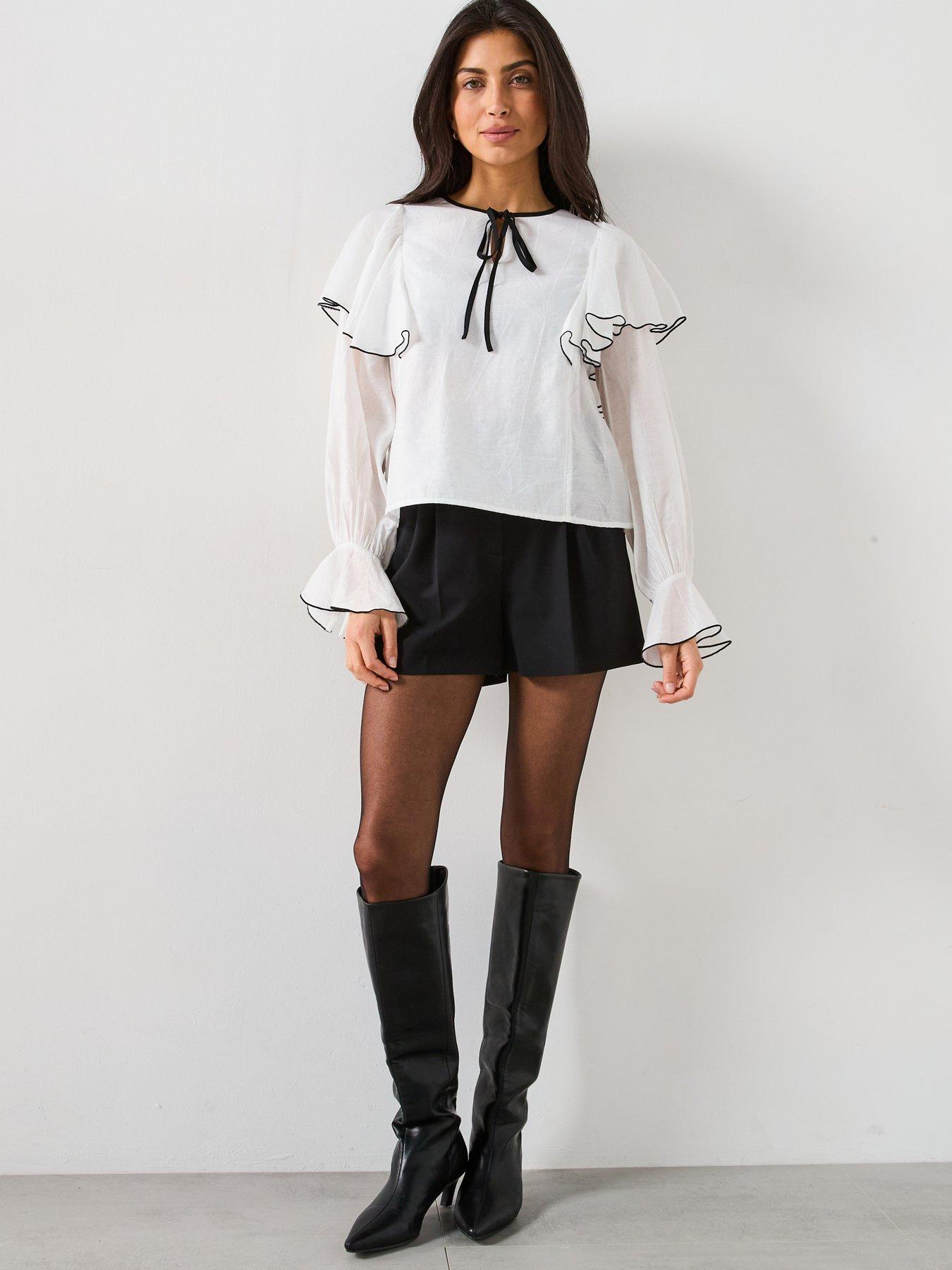  image of v-by-very-mono-contrast-tie-ruffle-blouse-multi
