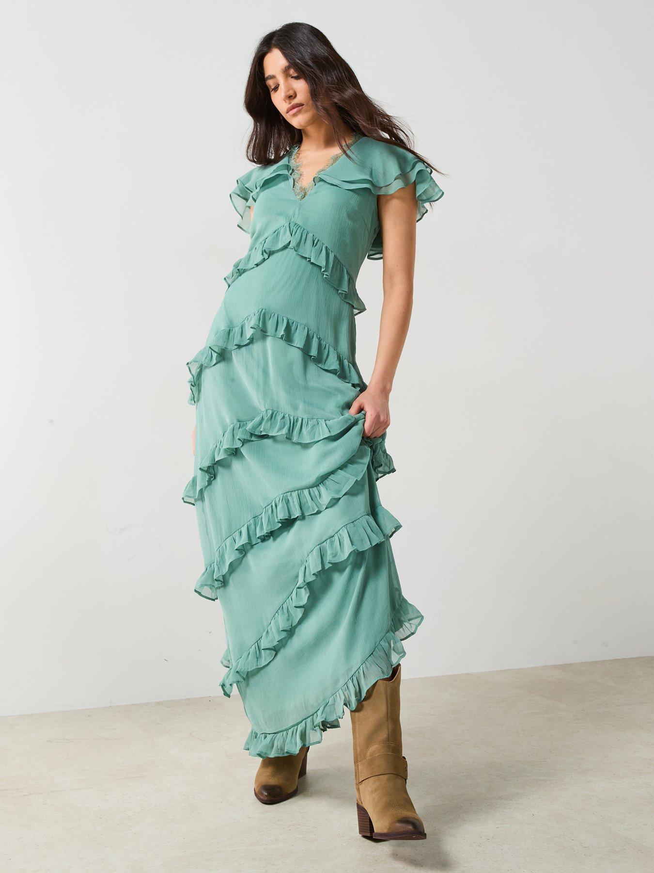 undefined V Neck Ruffle Maxi Dress Green
