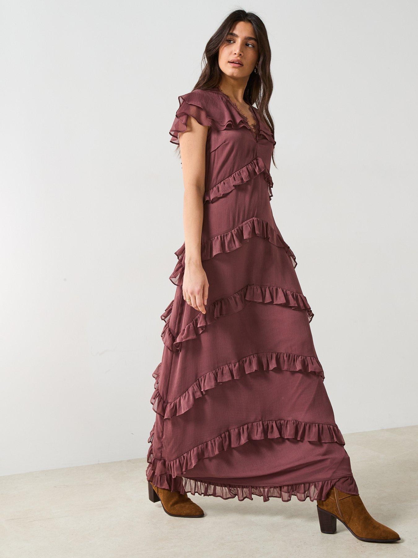 undefined V Neck Ruffle Maxi Dress - Purple