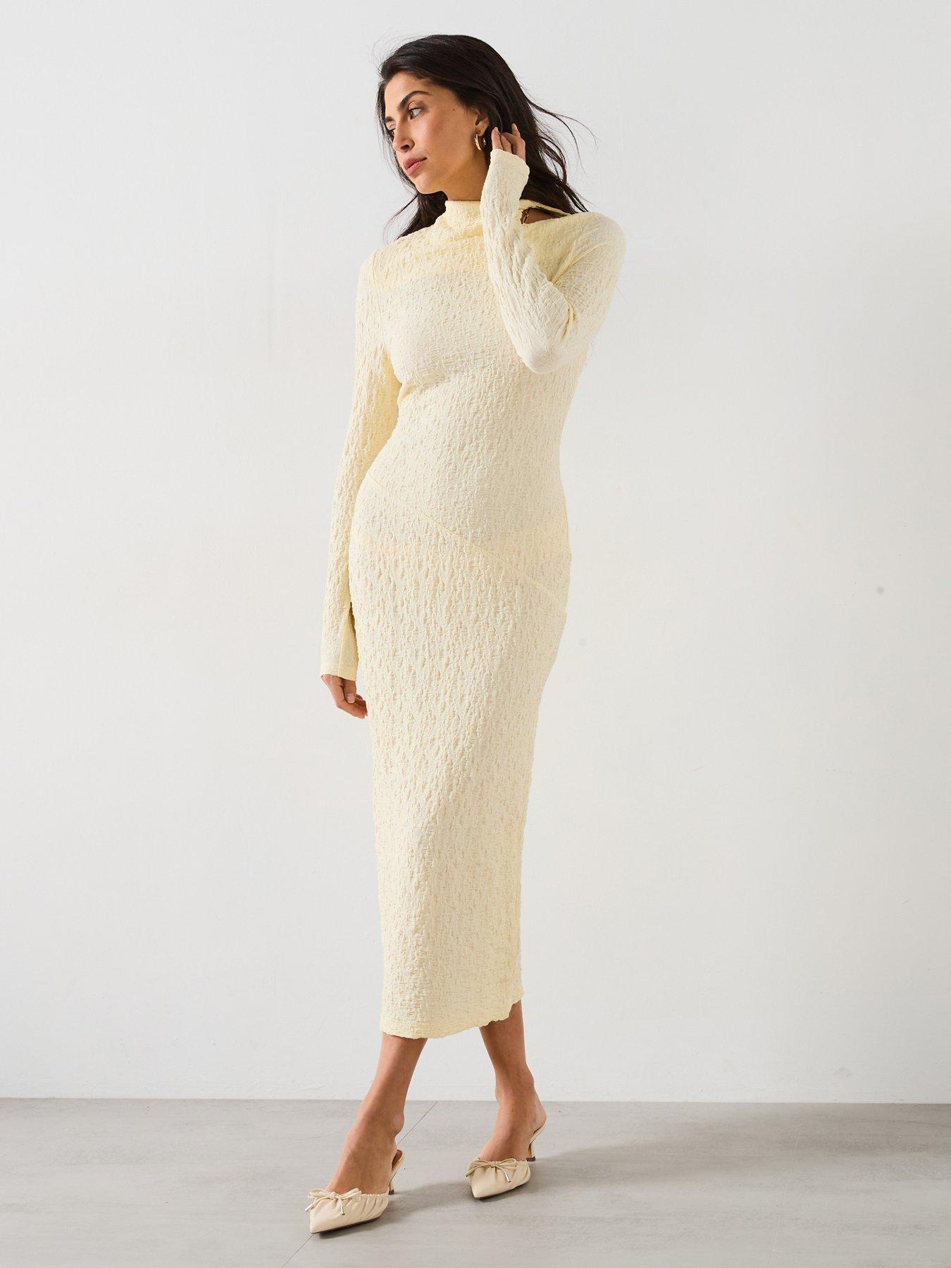  image of v-by-very-textured-cut-out-bodycon-dress-yellow