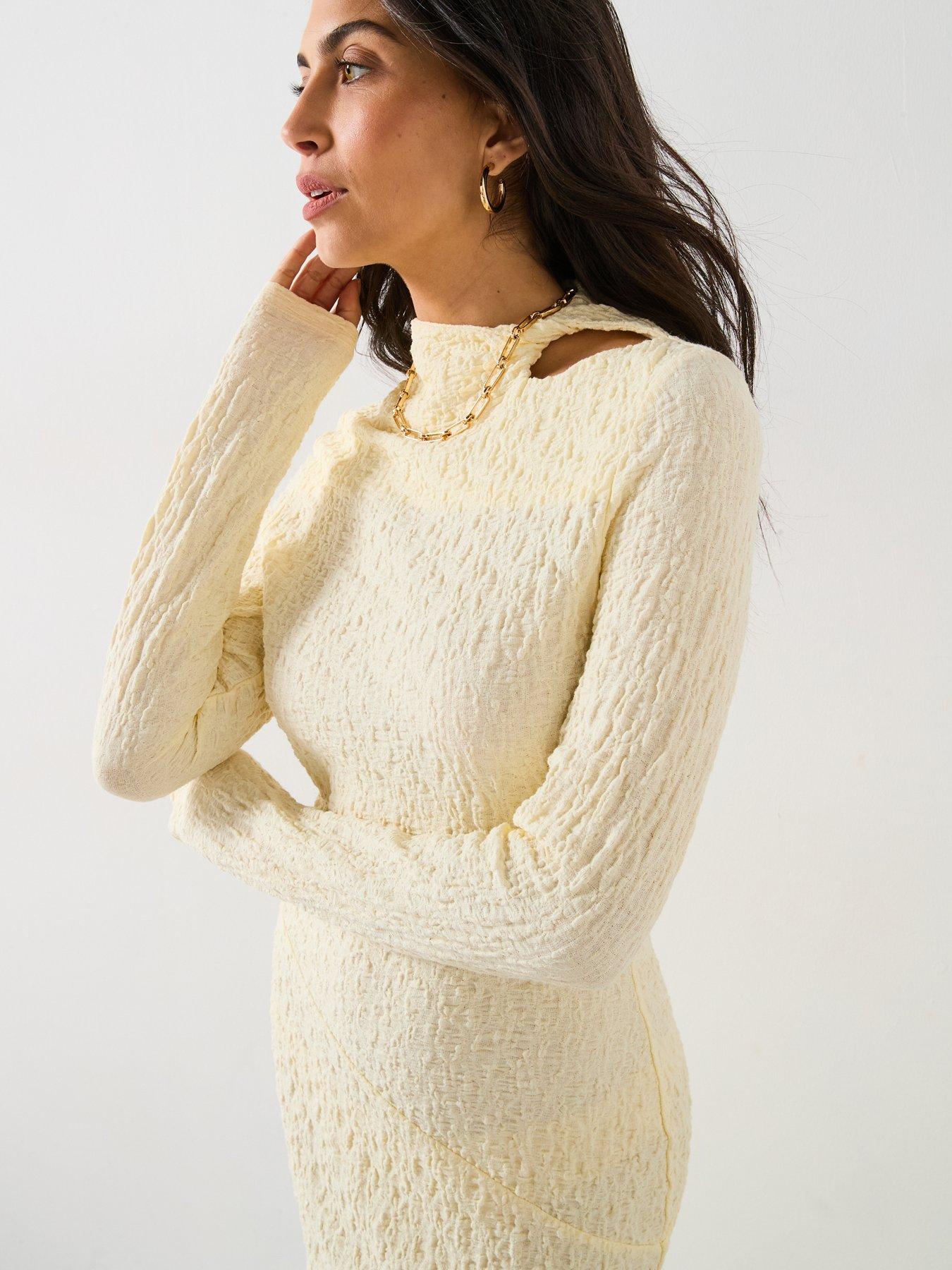  image of v-by-very-textured-cut-out-bodycon-dress-yellow