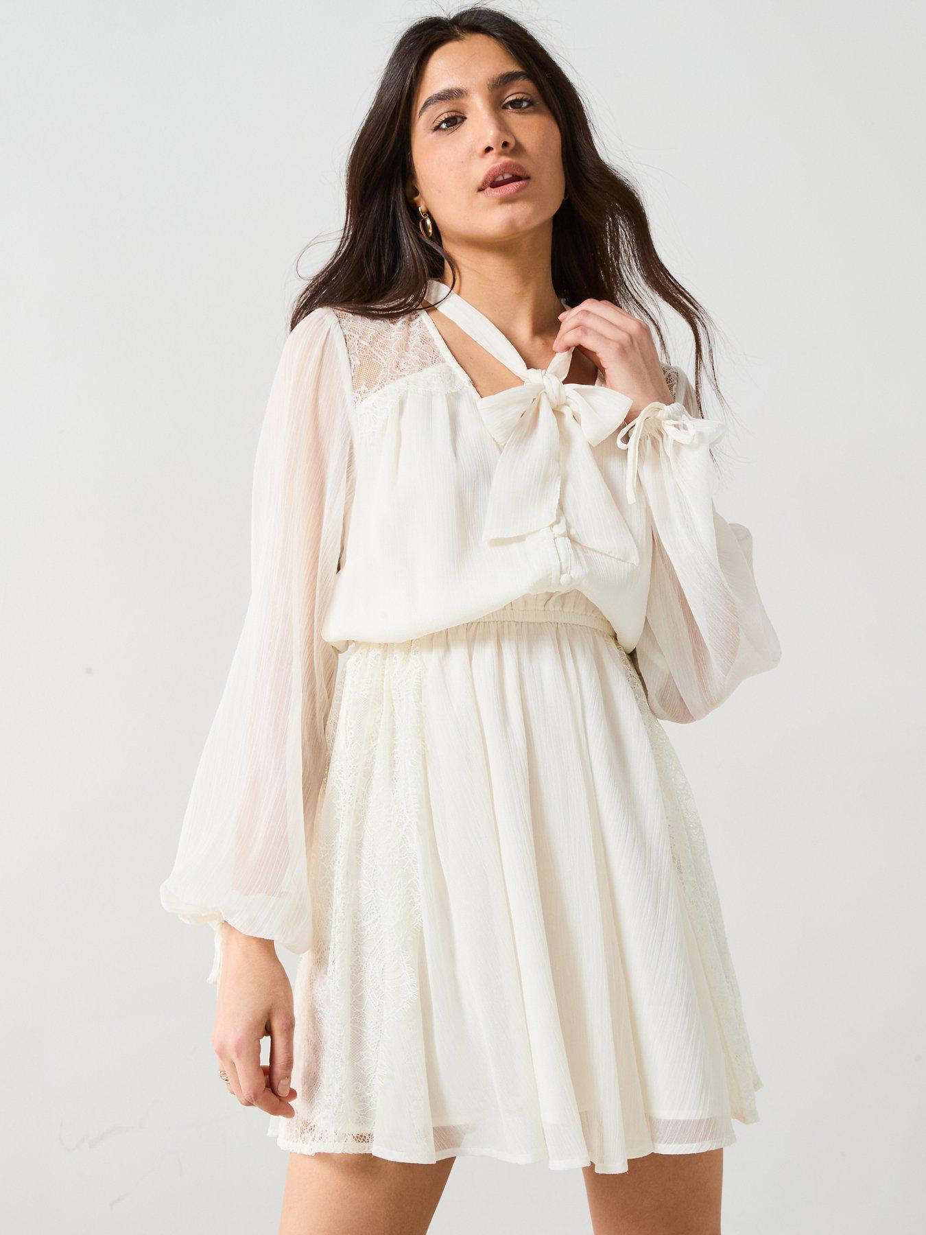 v-by-very-pussybow-lace-trim-mini-dress-ivory
