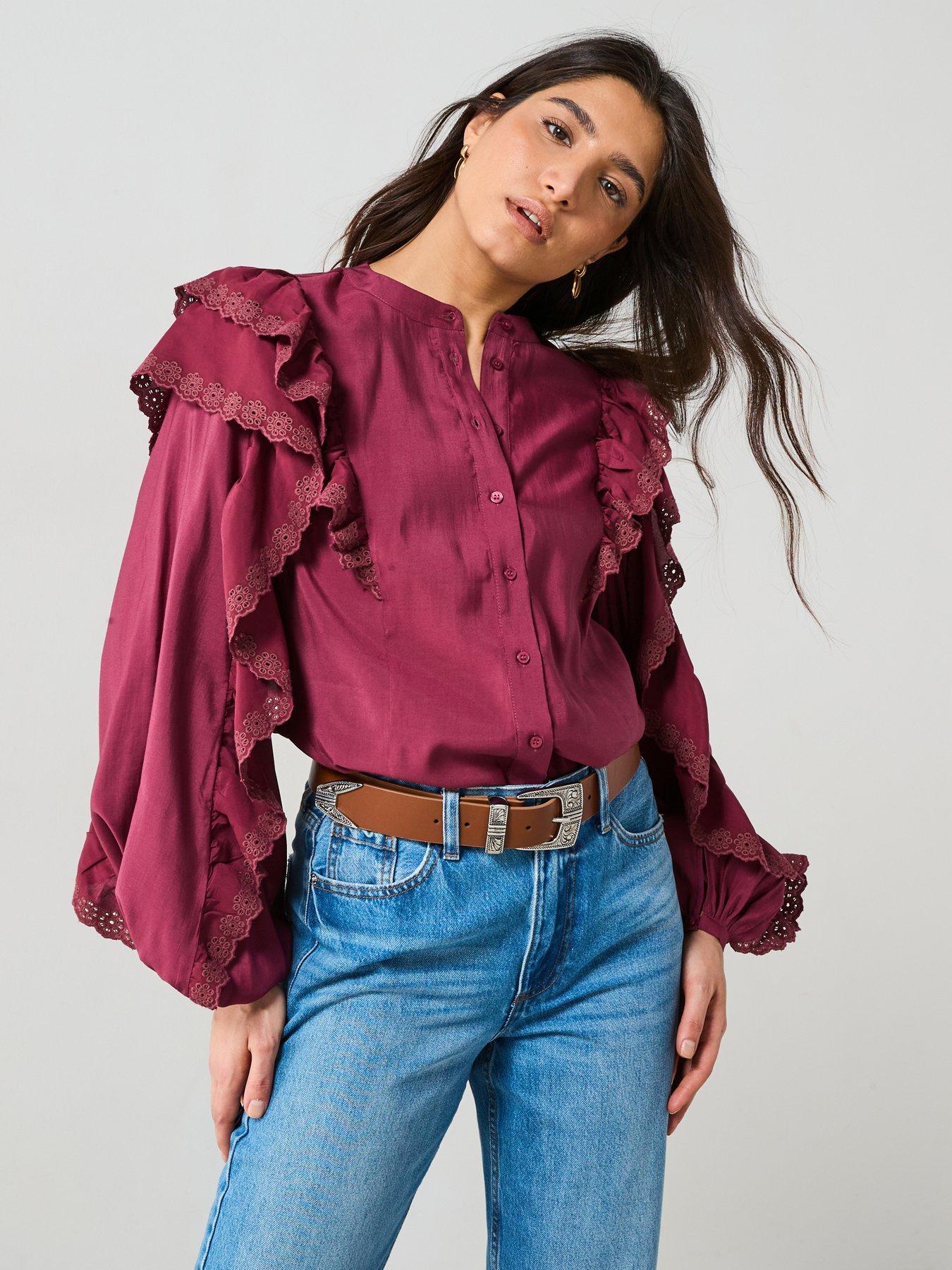 undefined Broderie Ruffle Sleeve Shirt - Burgundy