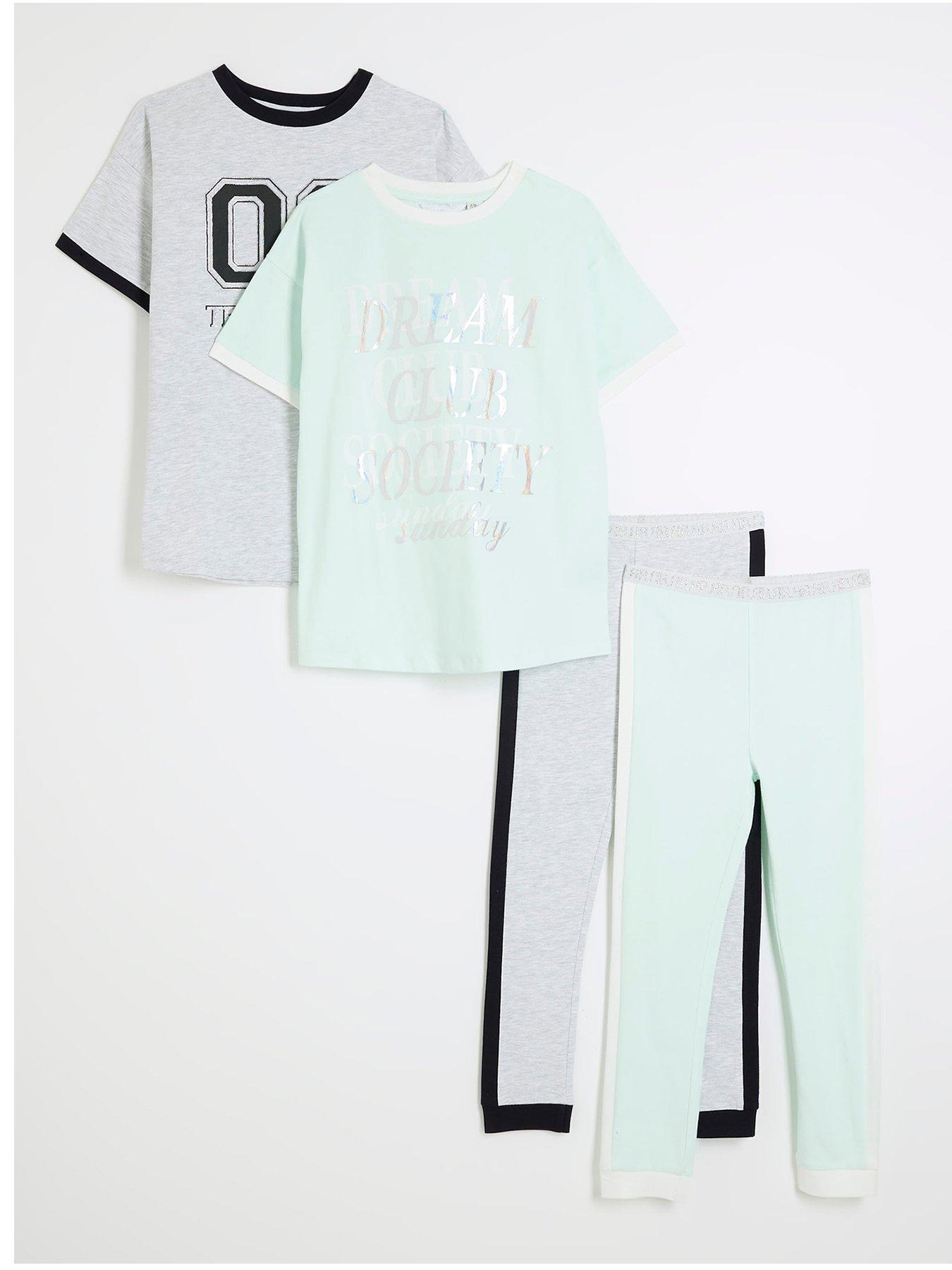 front image of river-island-girls-sporty-slogan-pyjama-set-2-pack-blue
