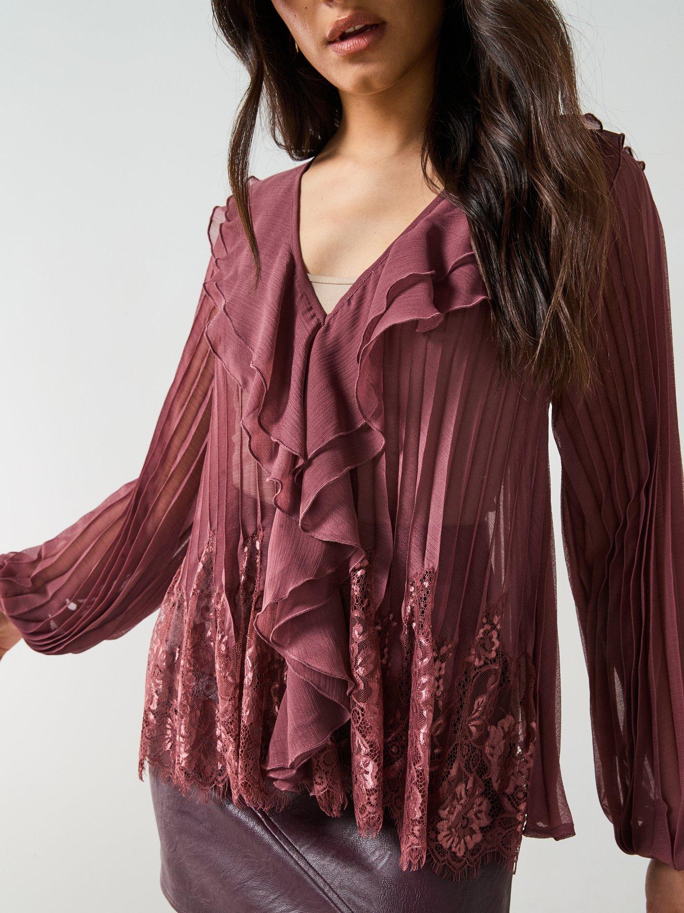  image of v-by-very-lace-hem-pleated-blouse-purple
