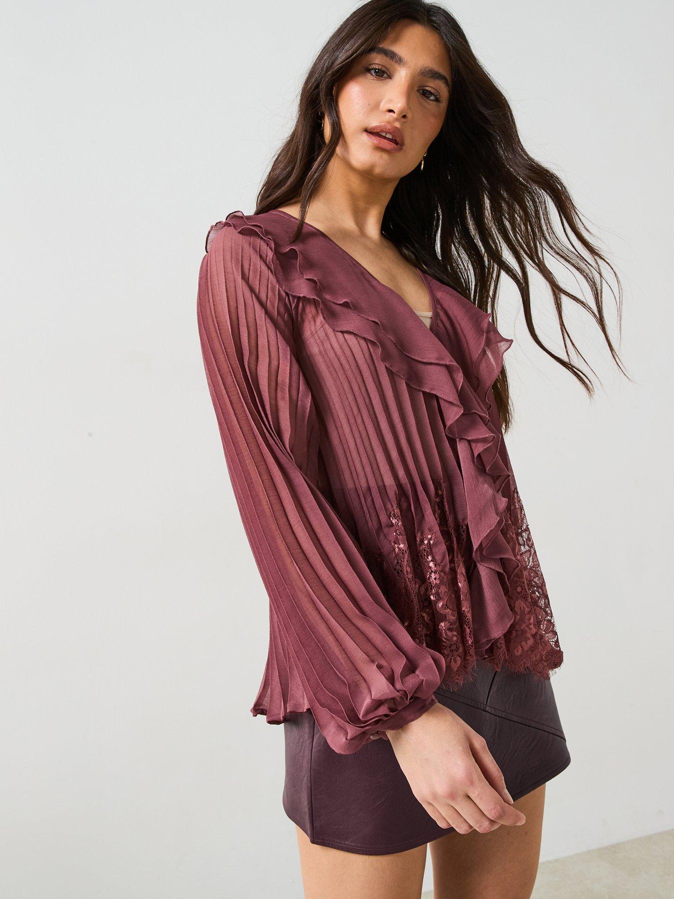 image of v-by-very-lace-hem-pleated-blouse-purple
