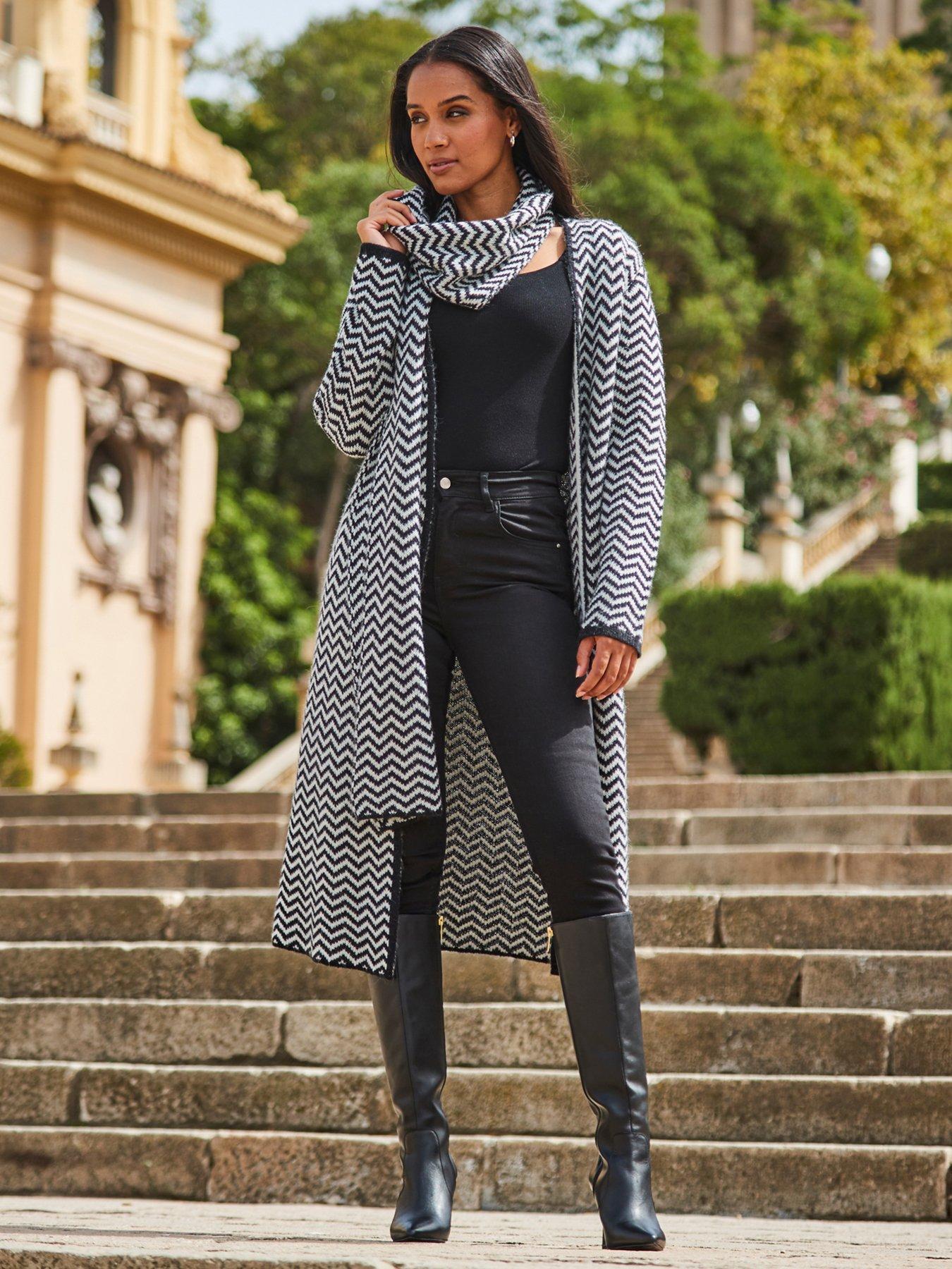 undefined White Herringbone Scarf Coatigan - Black