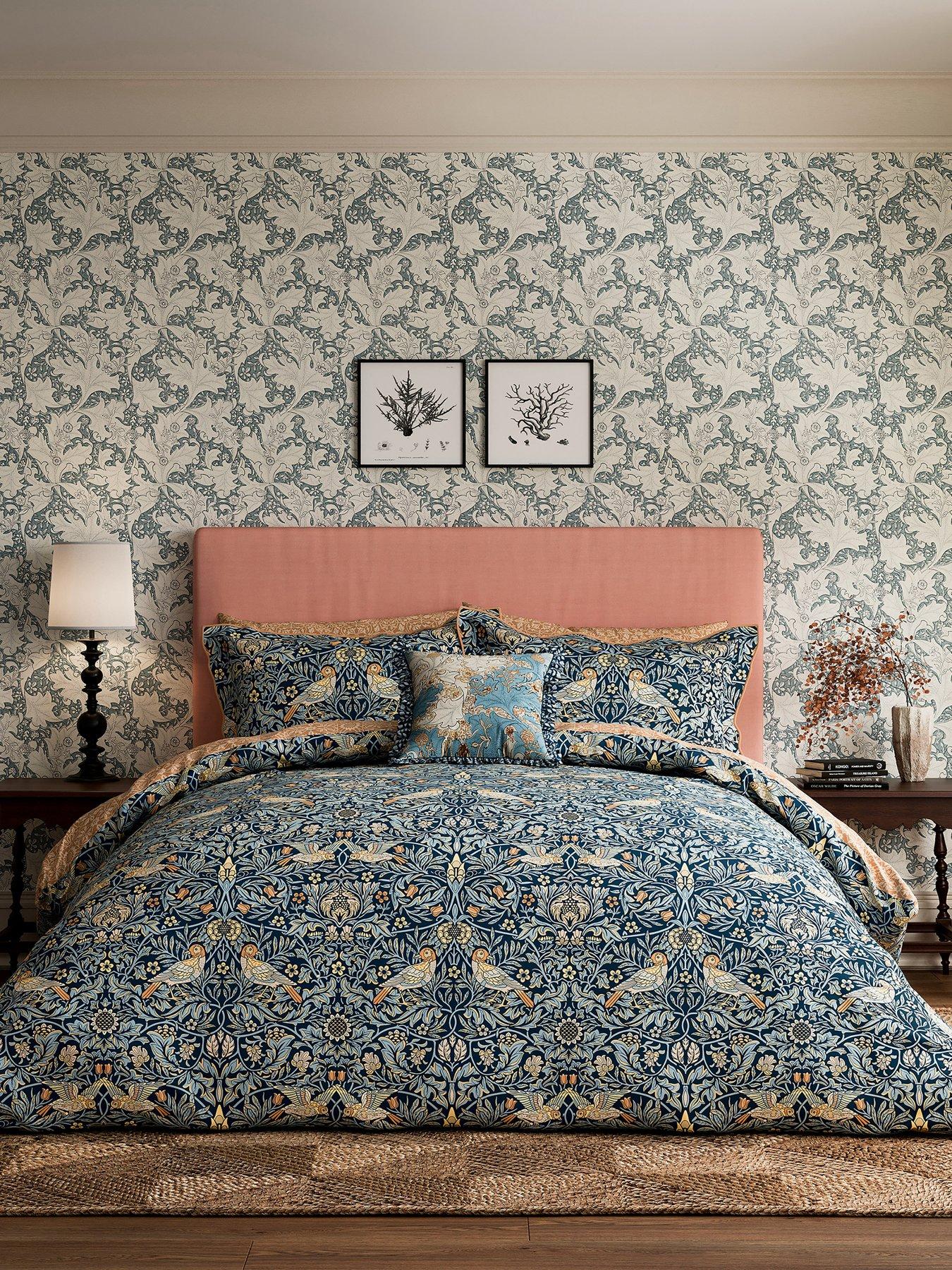 front image of morris-co-morris-amp-co-x-emery-walker-bird-cover-blue-100-cotton-duvet-set