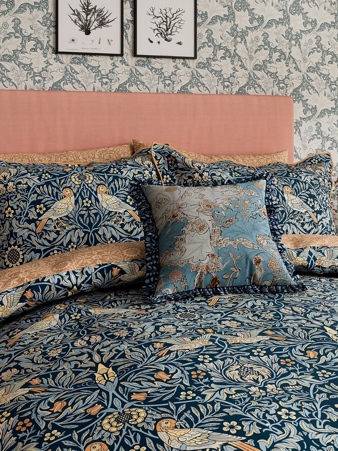 image of morris-co-morris-amp-co-x-emery-walker-bird-cover-blue-100-cotton-duvet-set