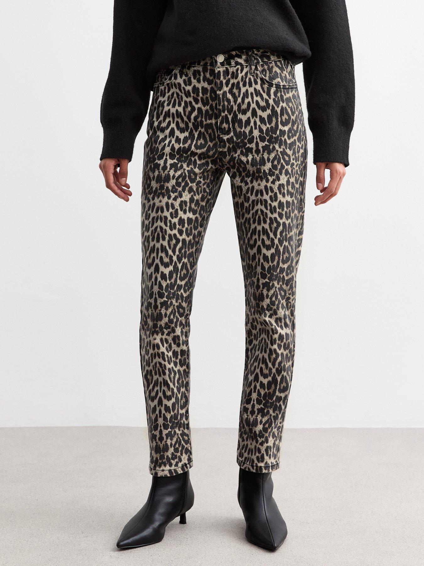  image of new-look-leopard-print-straight-leg-jeans-brown
