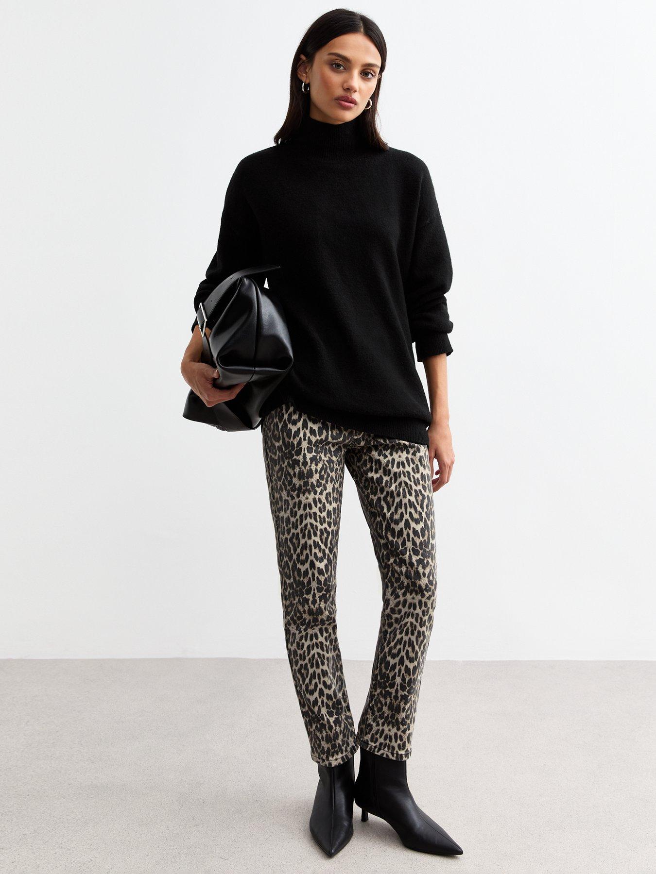  image of new-look-leopard-print-straight-leg-jeans-brown