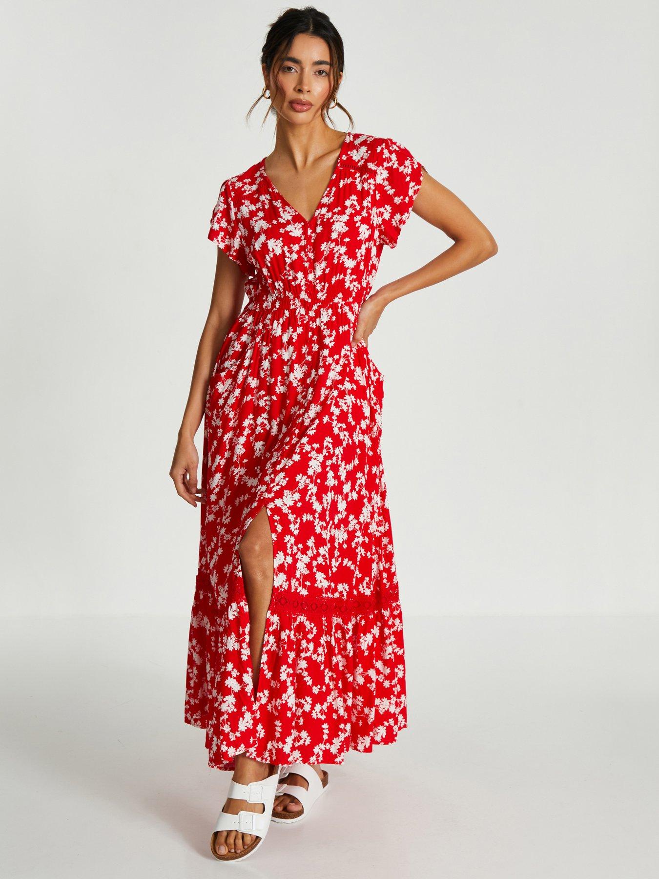 Red Ditsy Floral Crochet Trim Maxi Dress