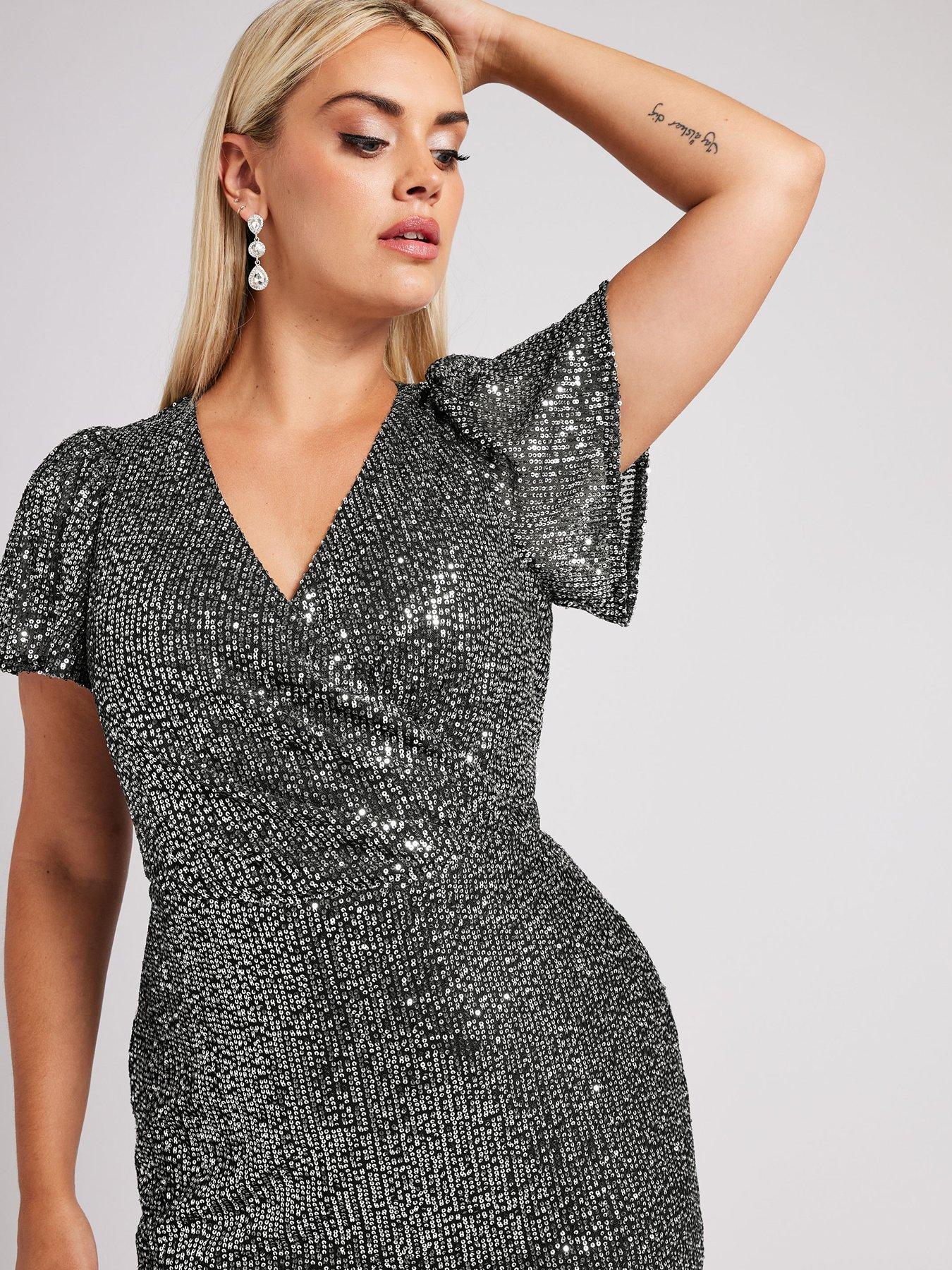 Image 4 of 4 of Yours Curve Sequin Wrap Shift Dress - Silver