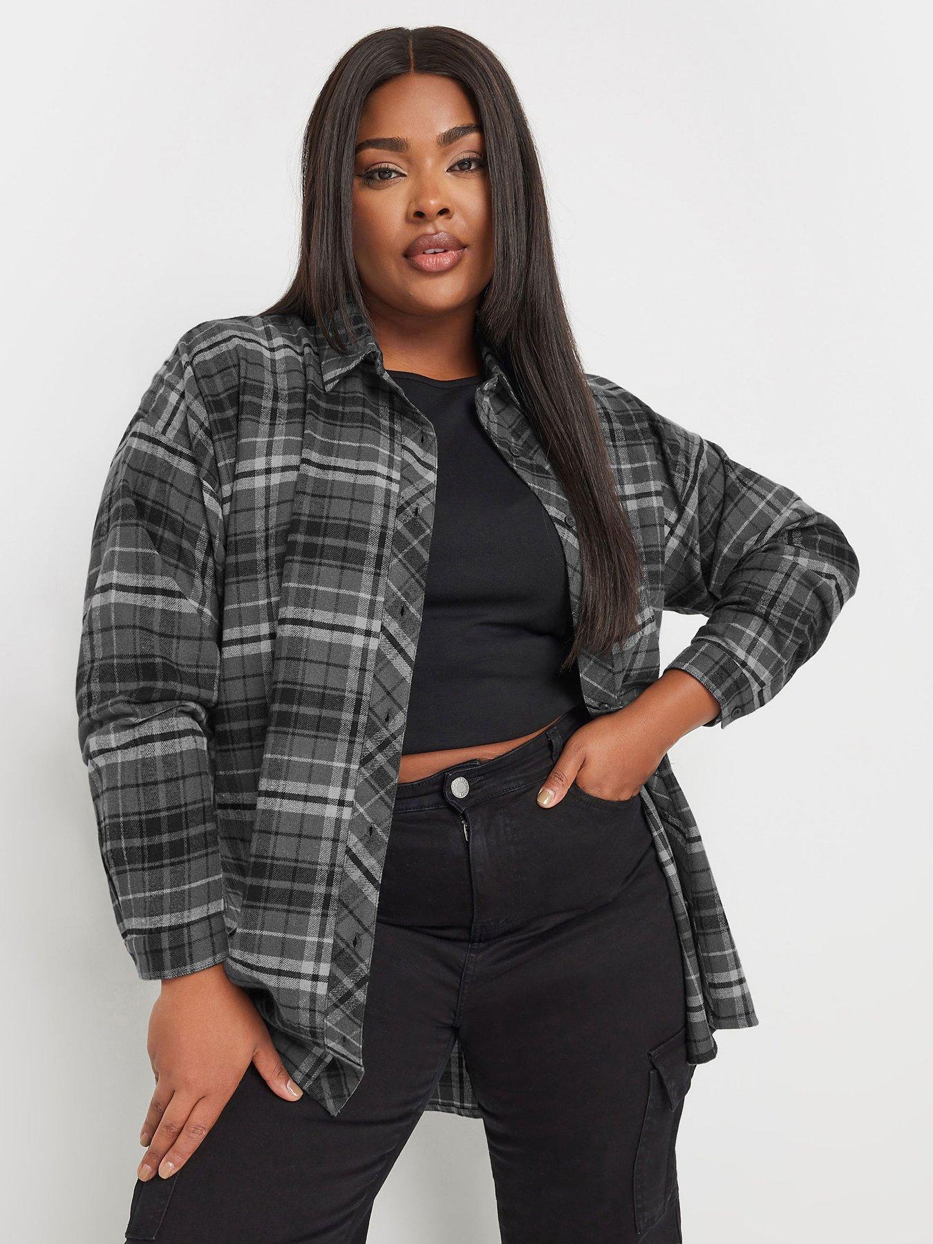 Image 1 of 4 of Yours Curve Oversized Check Shirt - Grey