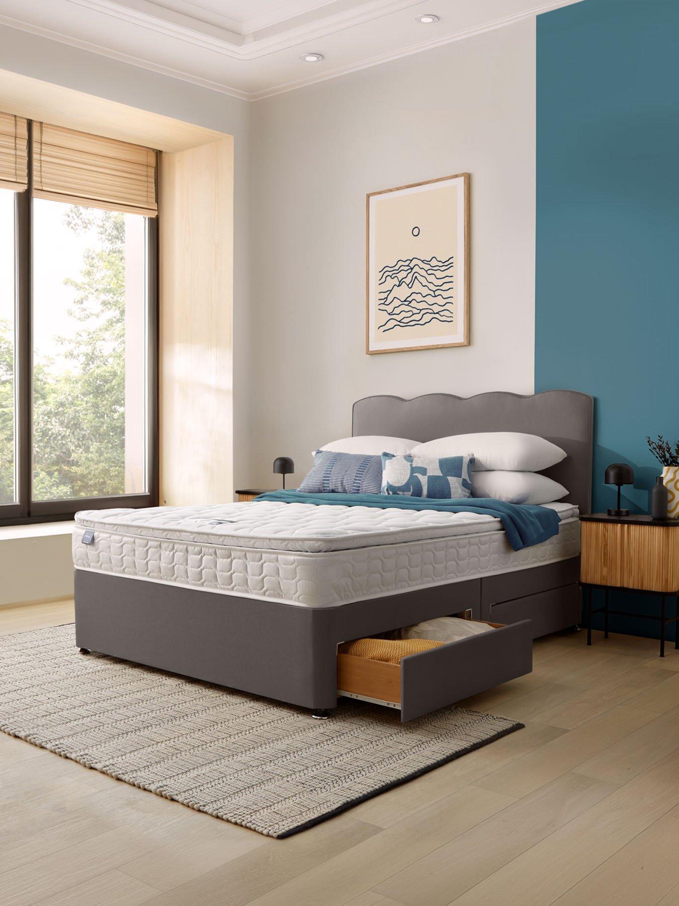 Silentnight Pippa Pillowtop Mattress with Divan Bed Base and Wave Headboard + Storage Options - Slate grey