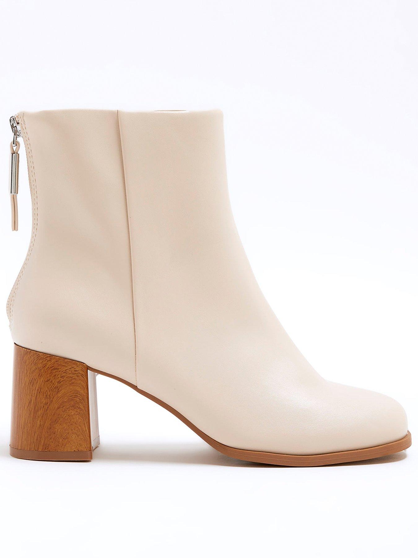 Block Heel River Island White Ankle Boots Cream Faux Leather Block