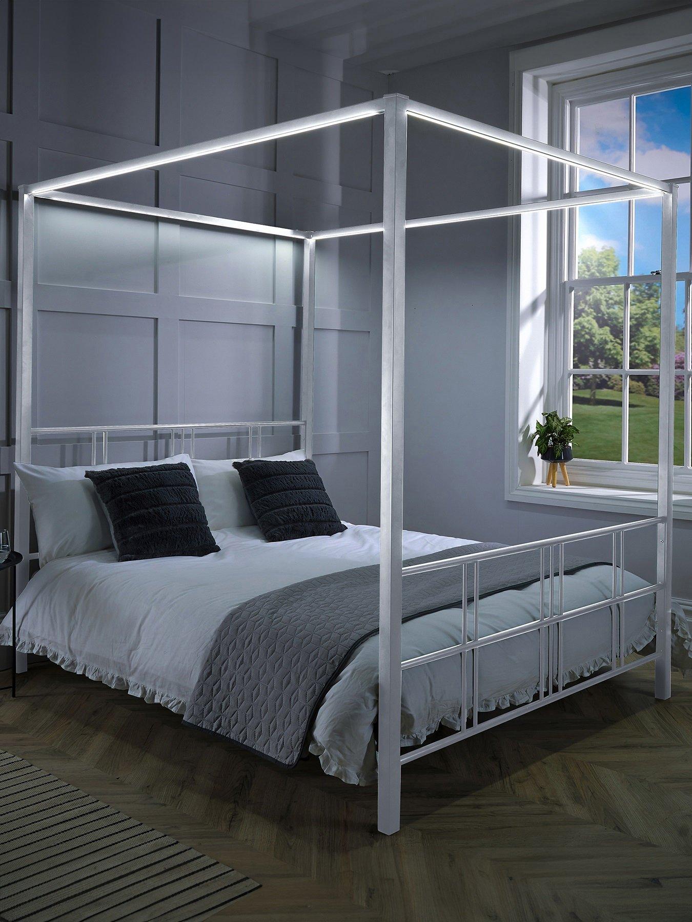 XR Living Fern 4 Poster Canopy Bed With White Soft Glow LED Light – White