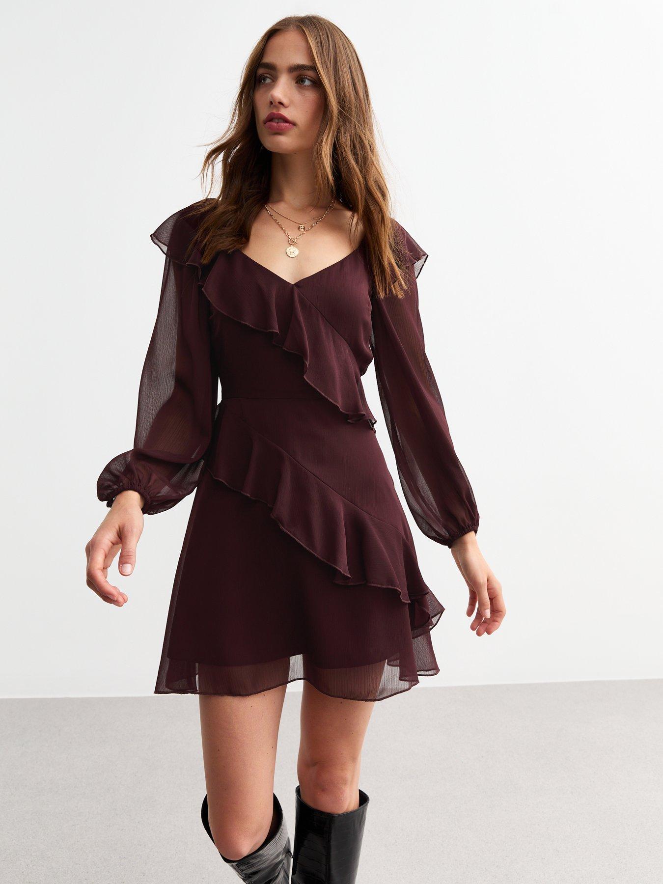 New Look Chiffon Ruffle Trim Mini Dress Dark Brown littlewoods