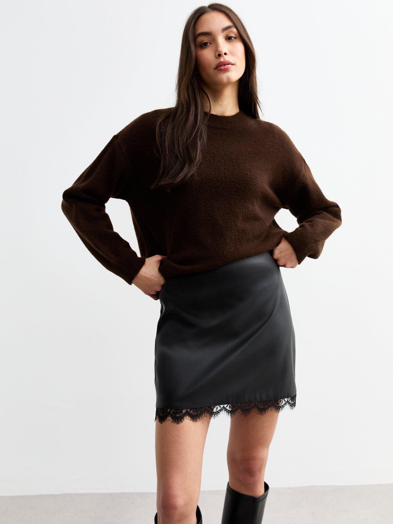 Black Lace Hem Faux Leather Mini Skirt
