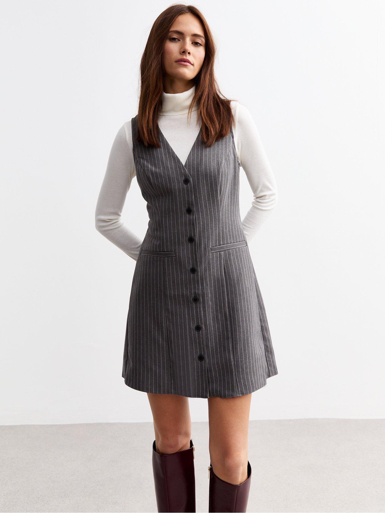 undefined Pinstripe Waistcoat Pinafore Dress - Grey/Print