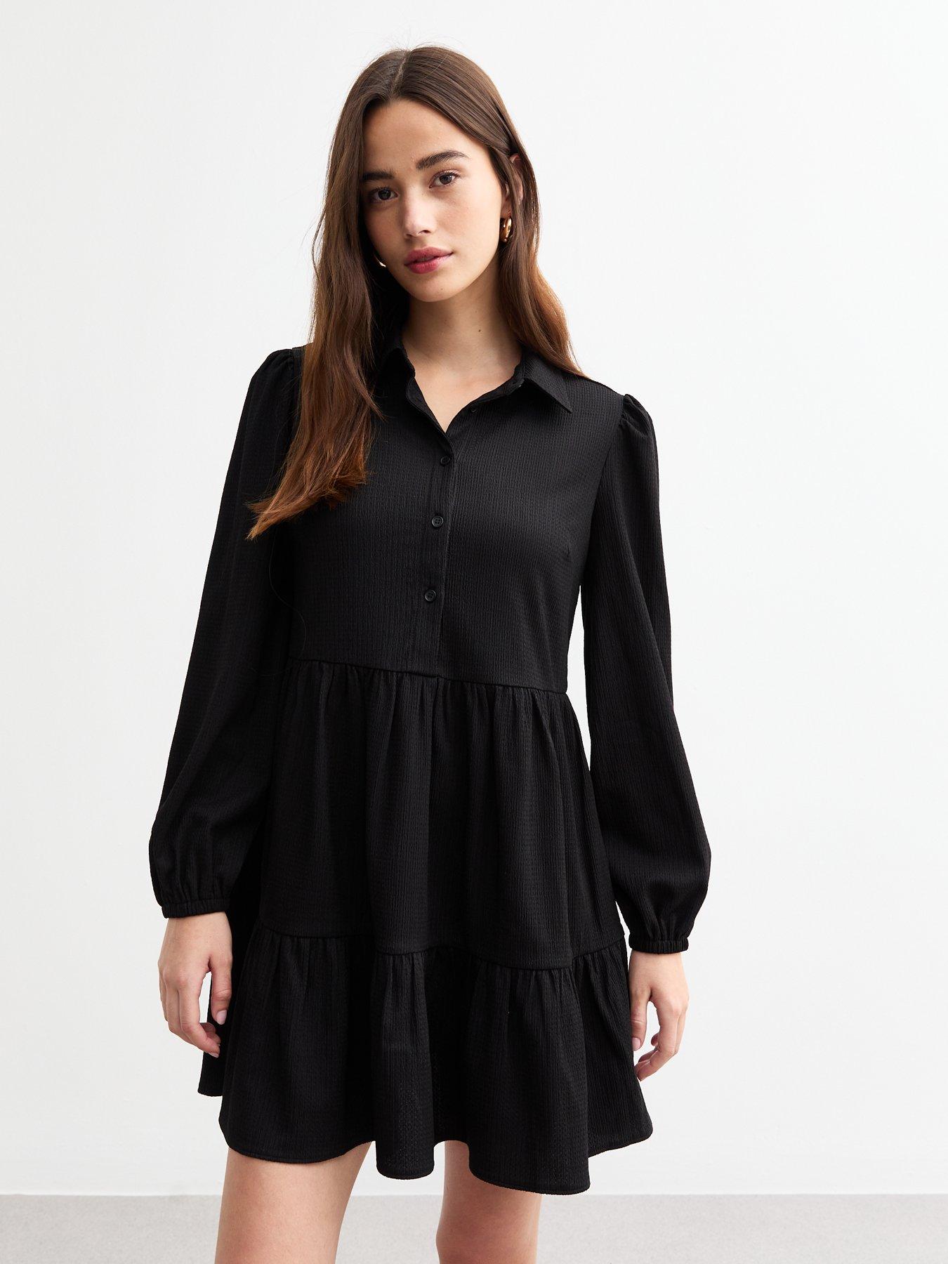 undefined Crinkle Smock Shirt Dress - Black