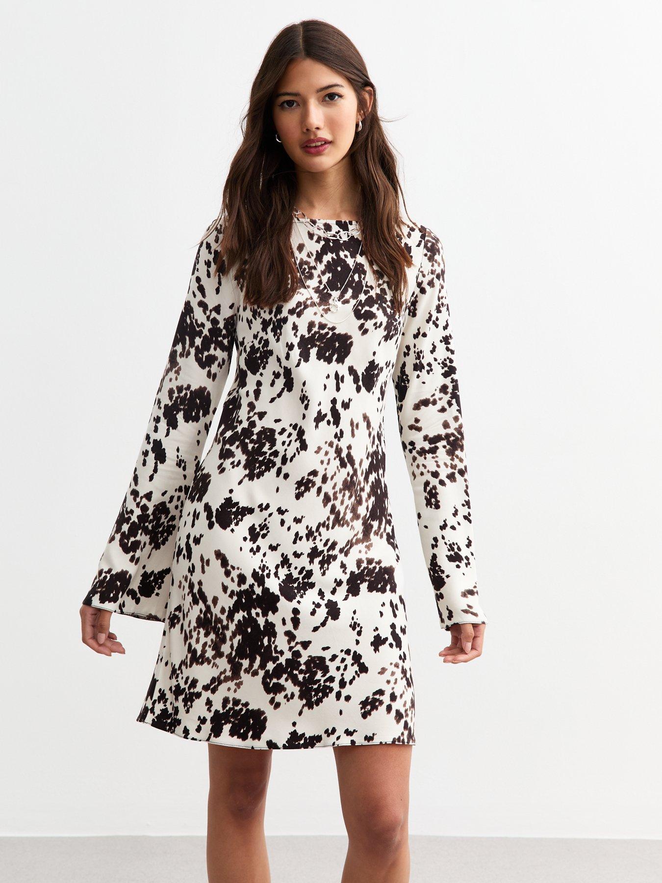 undefined Cow Print Long Sleeve Mini Dress- Off White