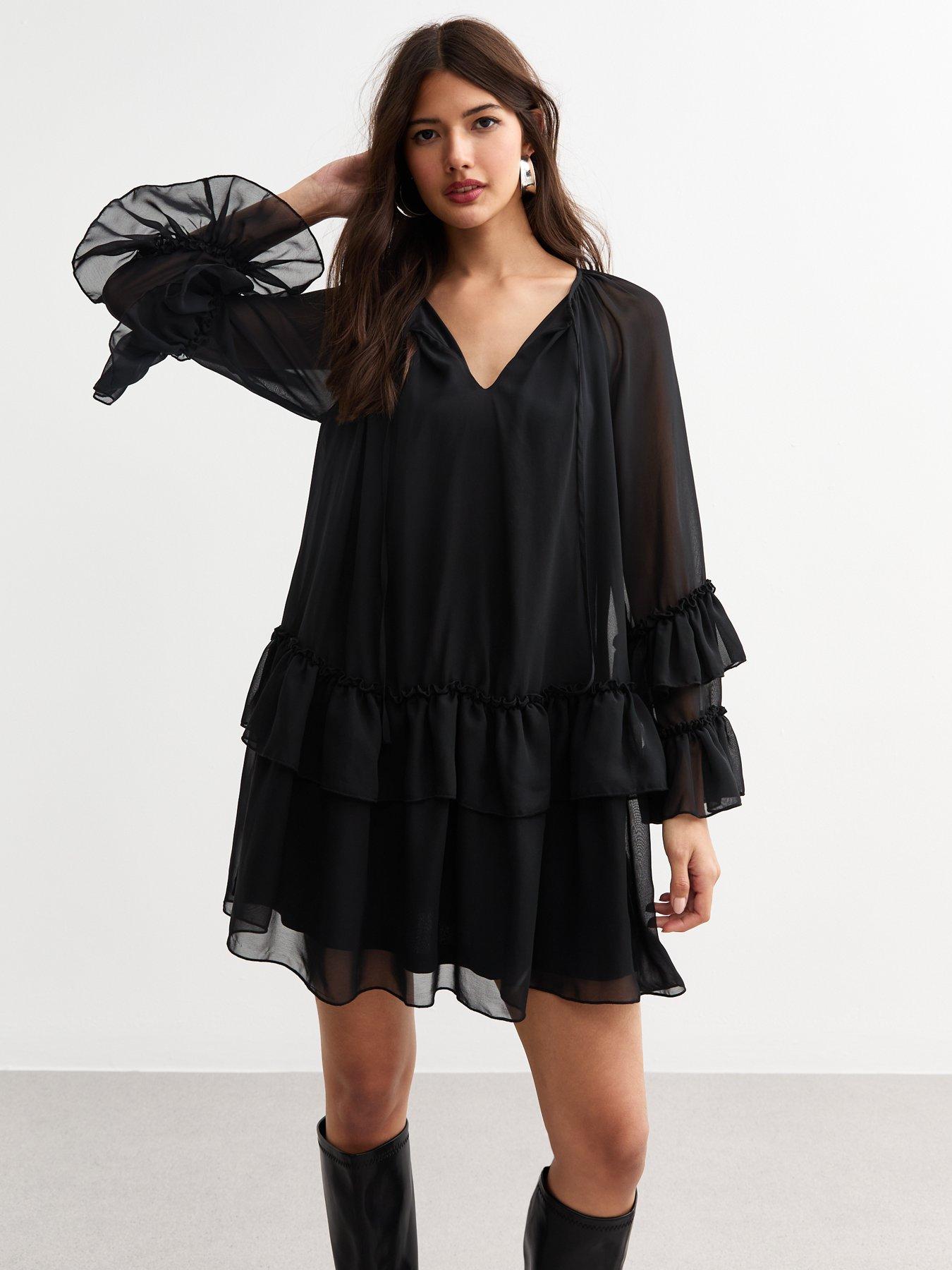 undefined Tiered Ruffled Chiffon Mini Dress - Black