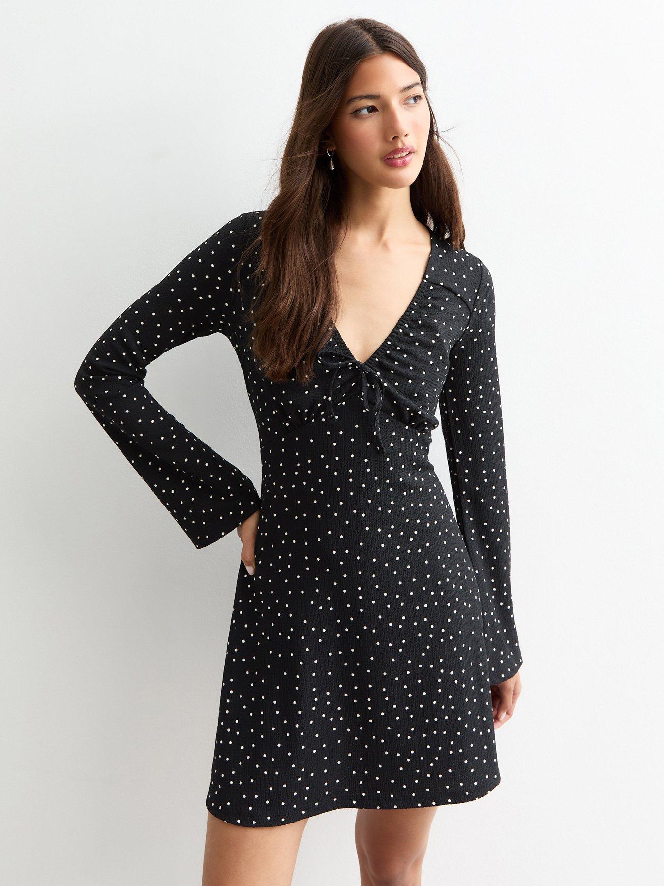 undefined Spotted Long Sleeve Skater Dress - Black