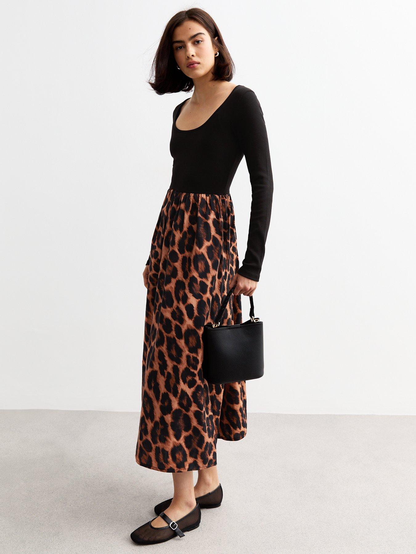 undefined Leopard Print Long Sleeve Mix Midi Dress - Black