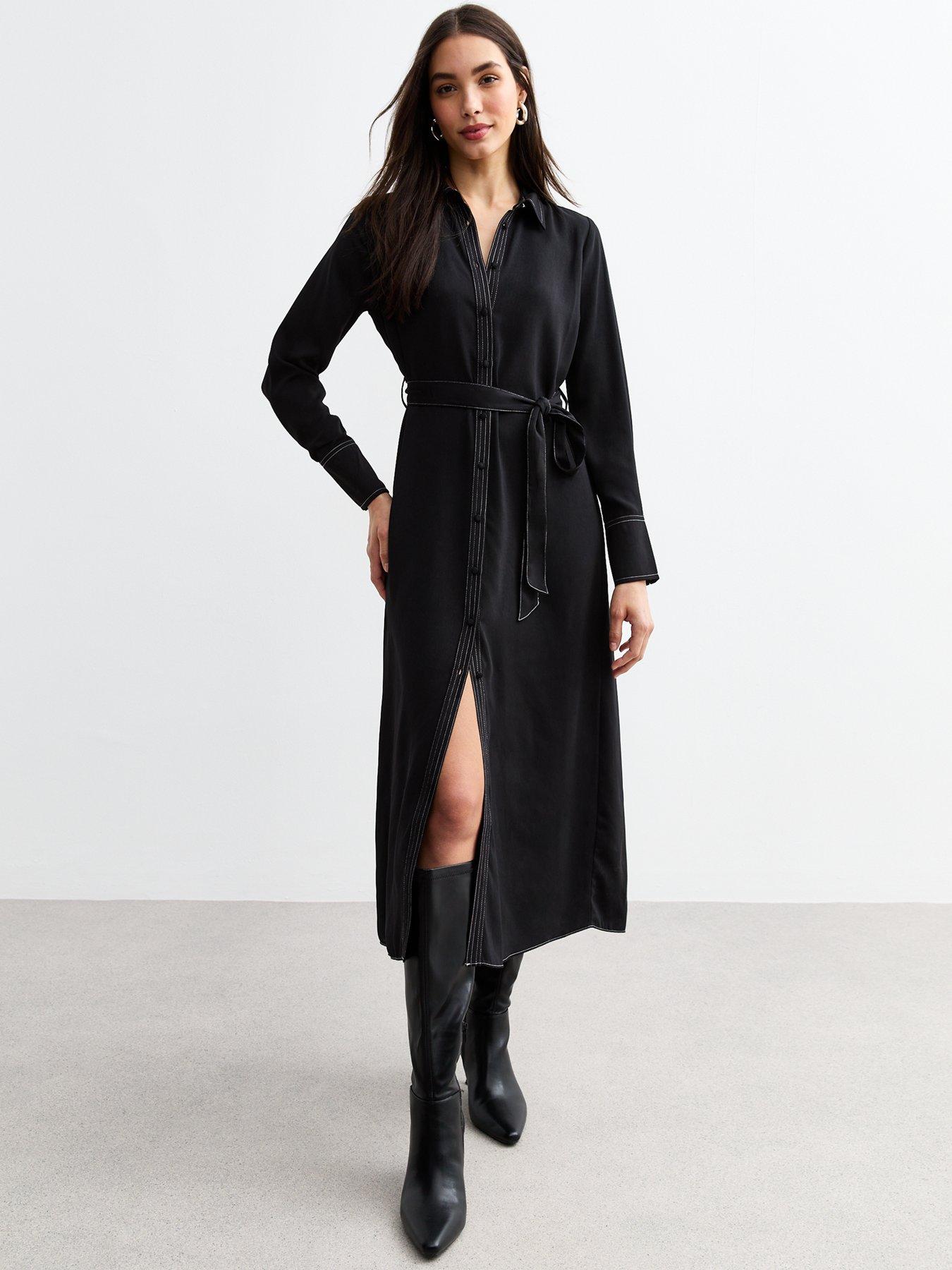 undefined Contrast Stitch Midi Shirt Dress - Black