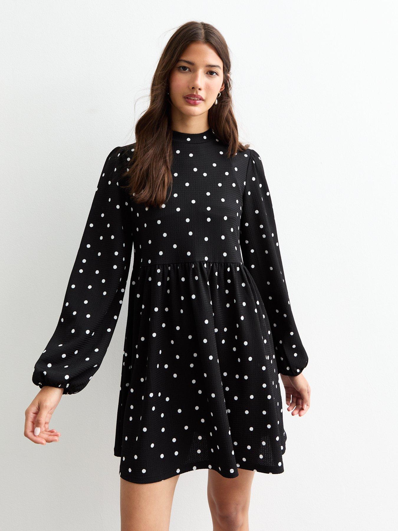 undefined Spotted Crinkle Funnel Neck Mini Dress - Black