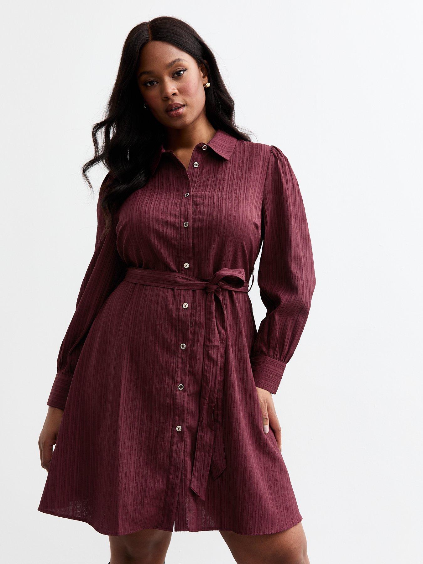 undefined Curve Crinkled Shirt Dress - Burgundy