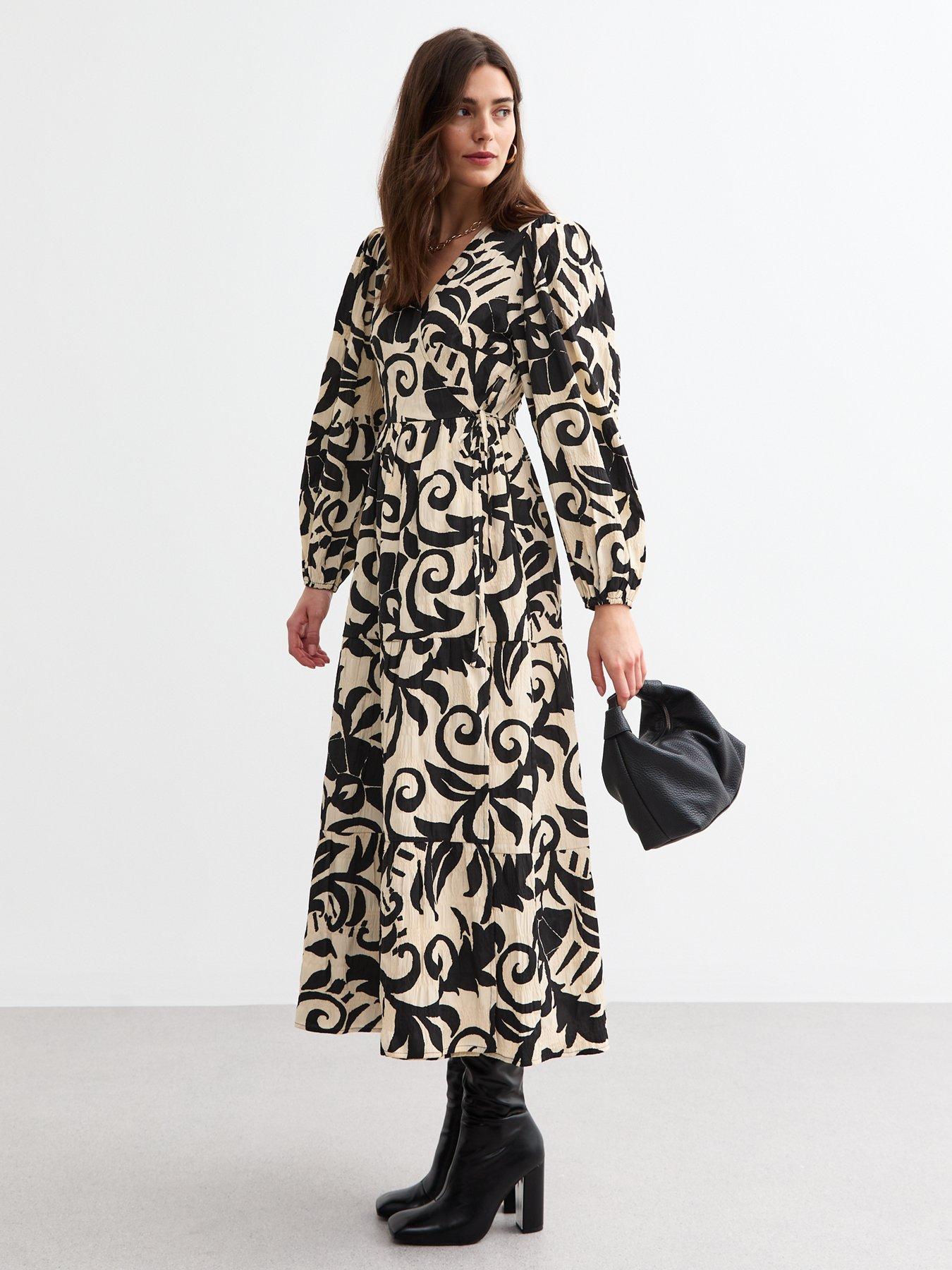 undefined Black Fern Crinkled Midi Wrap Dress - Print