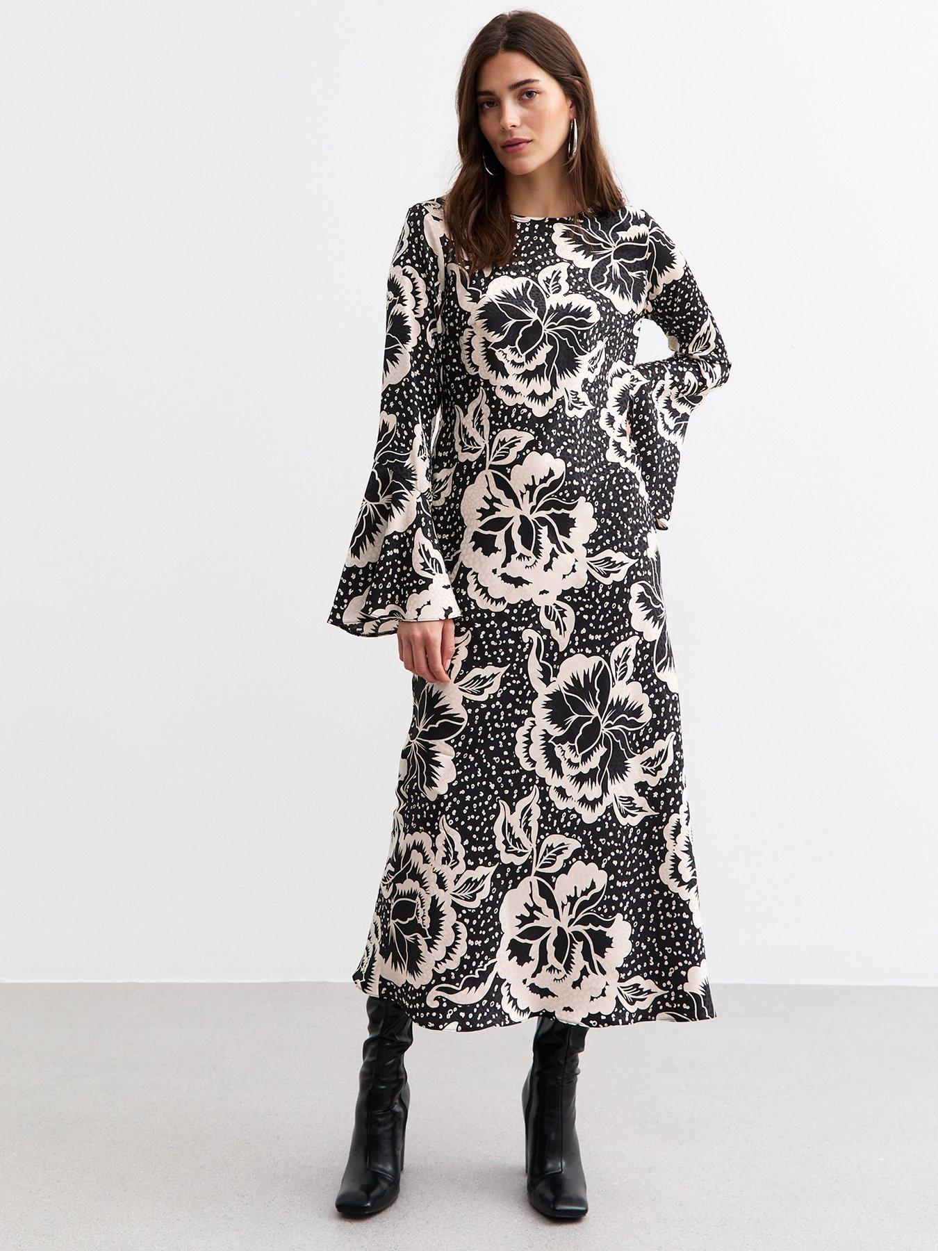 undefined Floral Print Flared Sleeve Midi Dress - Black/White
