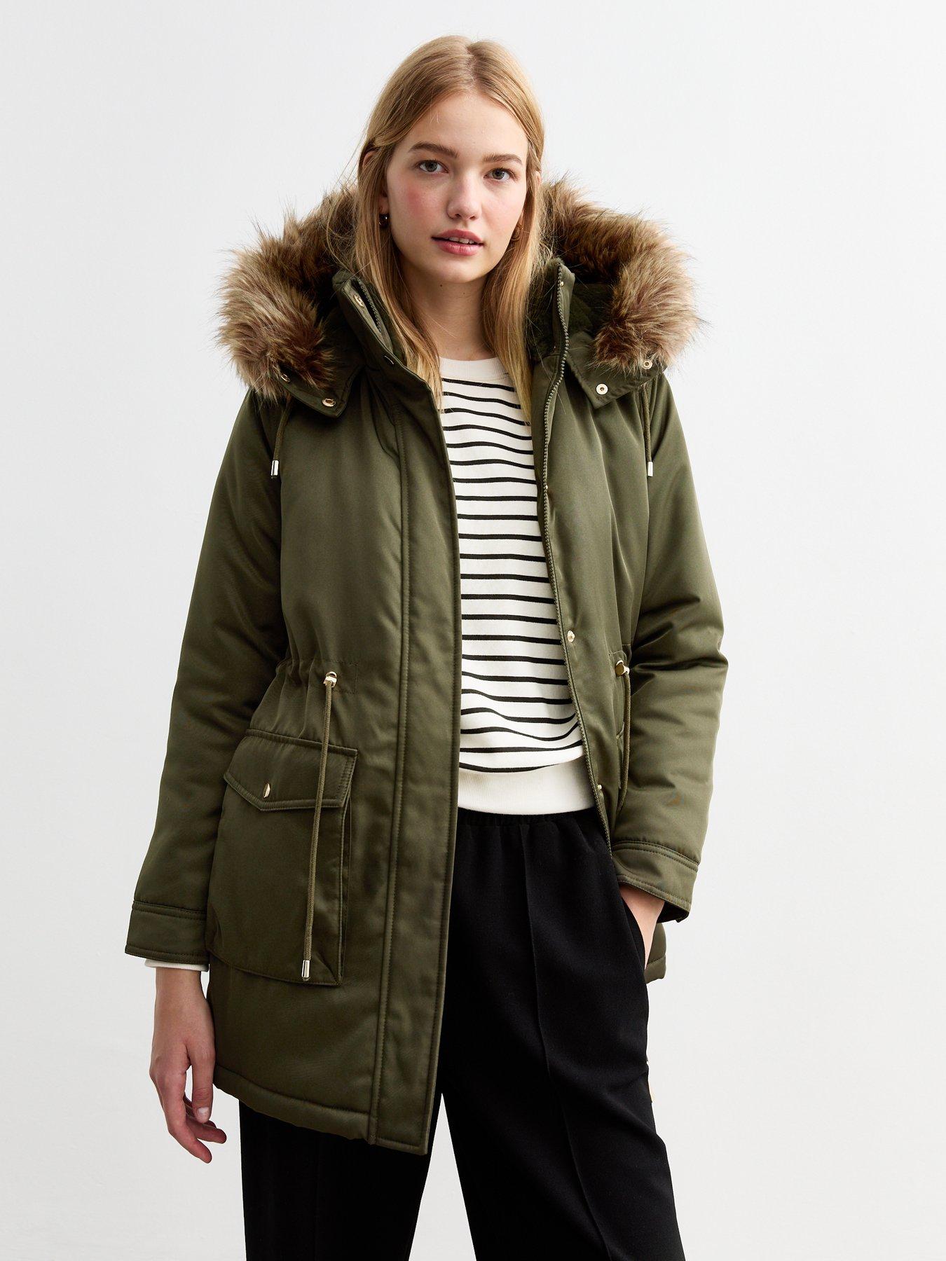 New Look Khaki Faux Fur Trim Shell Parka Green Littlewoods