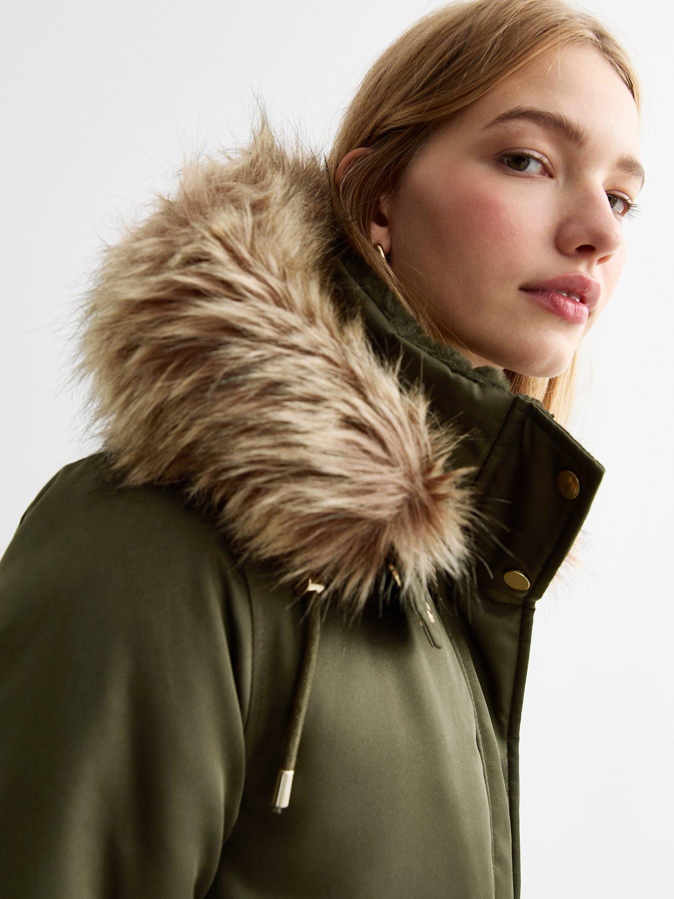 New Look Khaki Faux Fur Trim Shell Parka Green Littlewoods