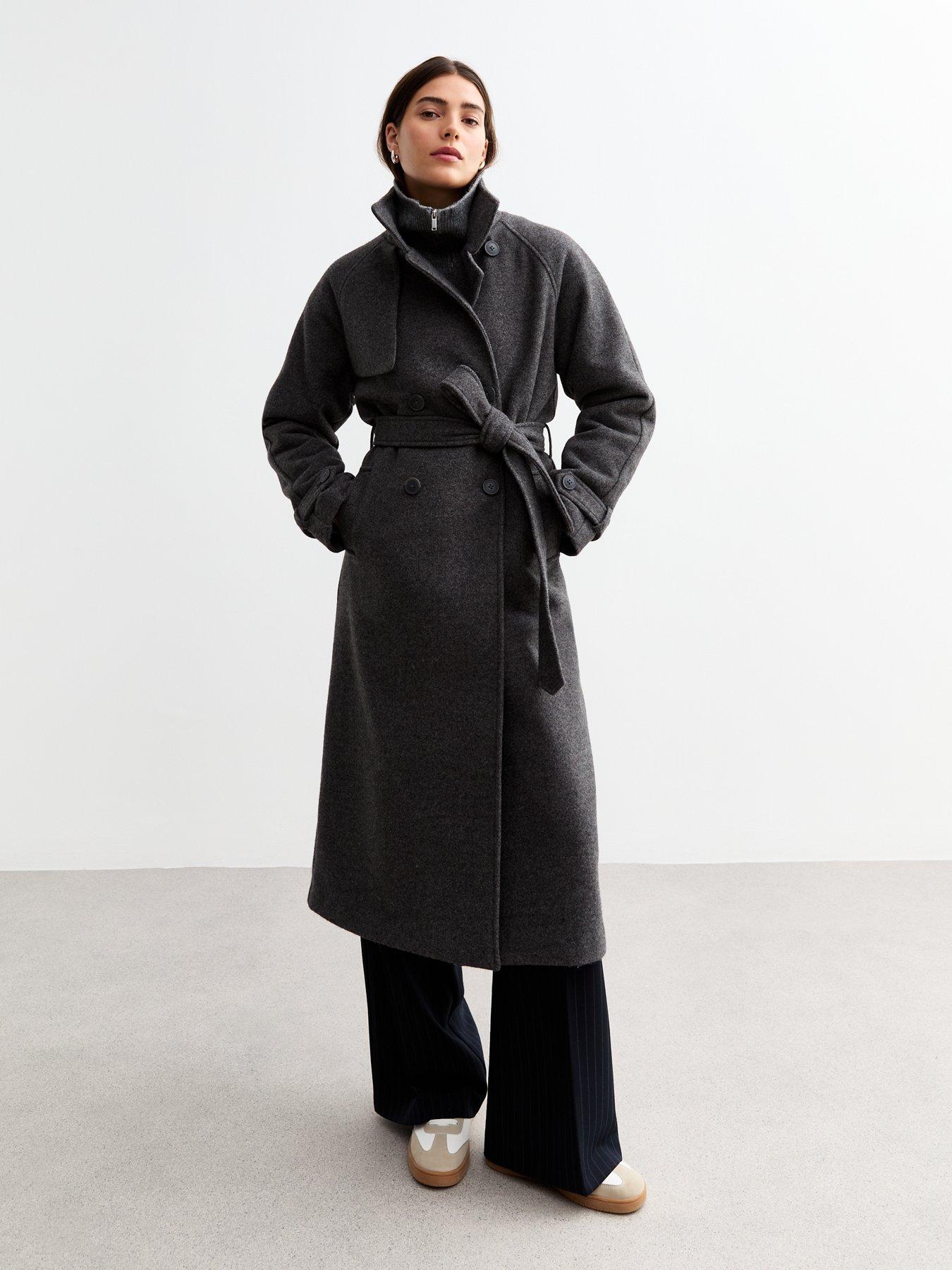 undefined Tie Waist Funnel Neck Coat - Grey