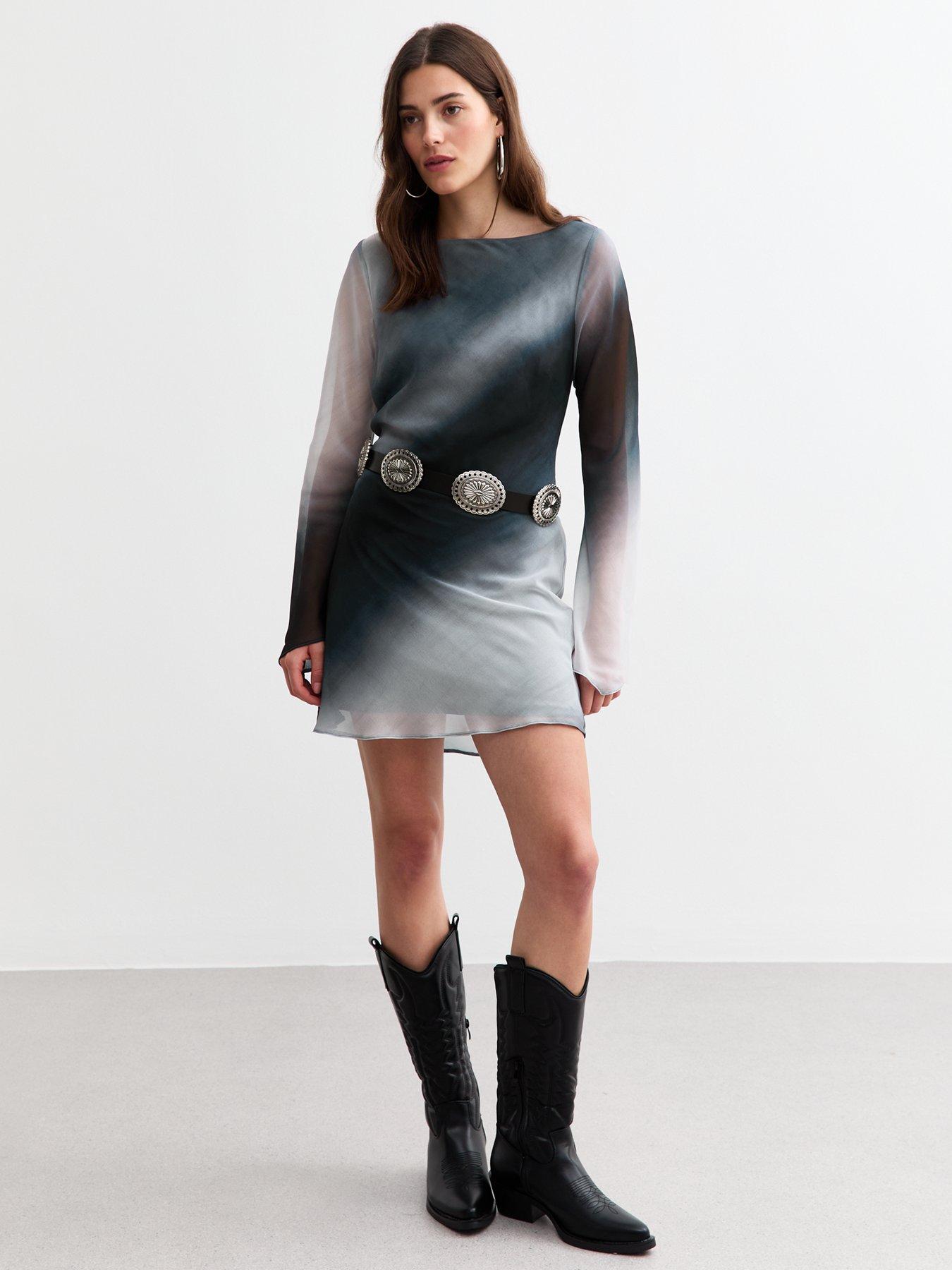 undefined Grey Chiffon Ombre Flared Sleeve Mini Dress - Print