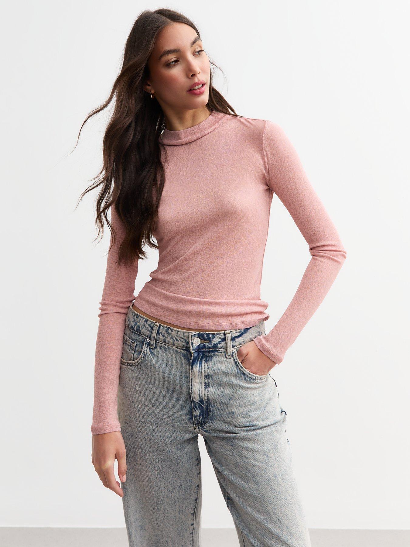 undefined Mesh High Neck Long Sleeve Top - Pink
