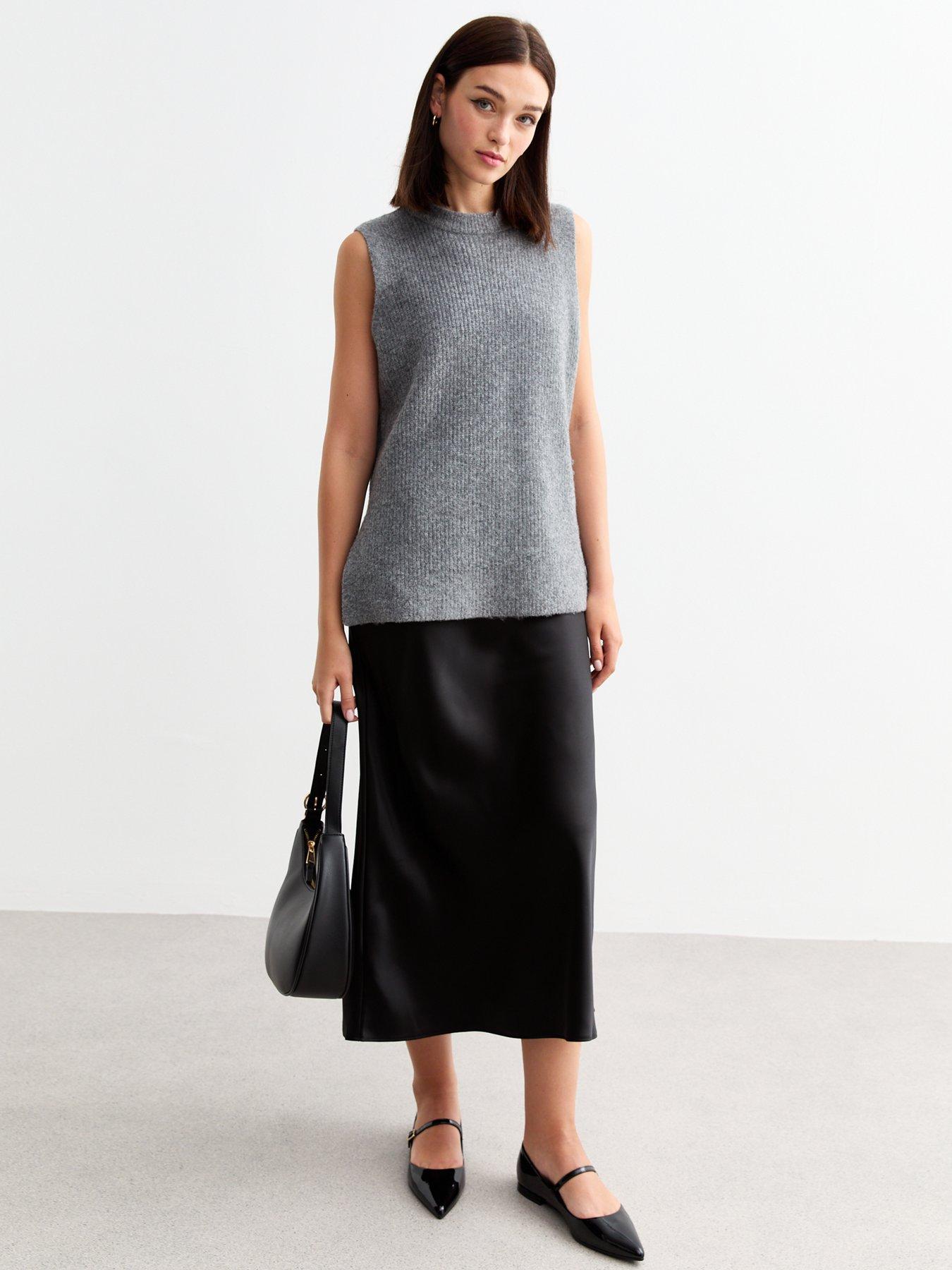undefined Black Satin Bias Cut Midi Skirt