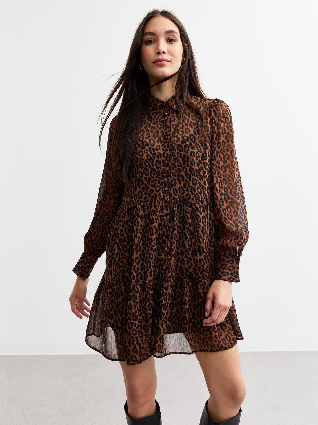 New Look Brown Leopard Print Chiffon Mini Shirt Dress littlewoods