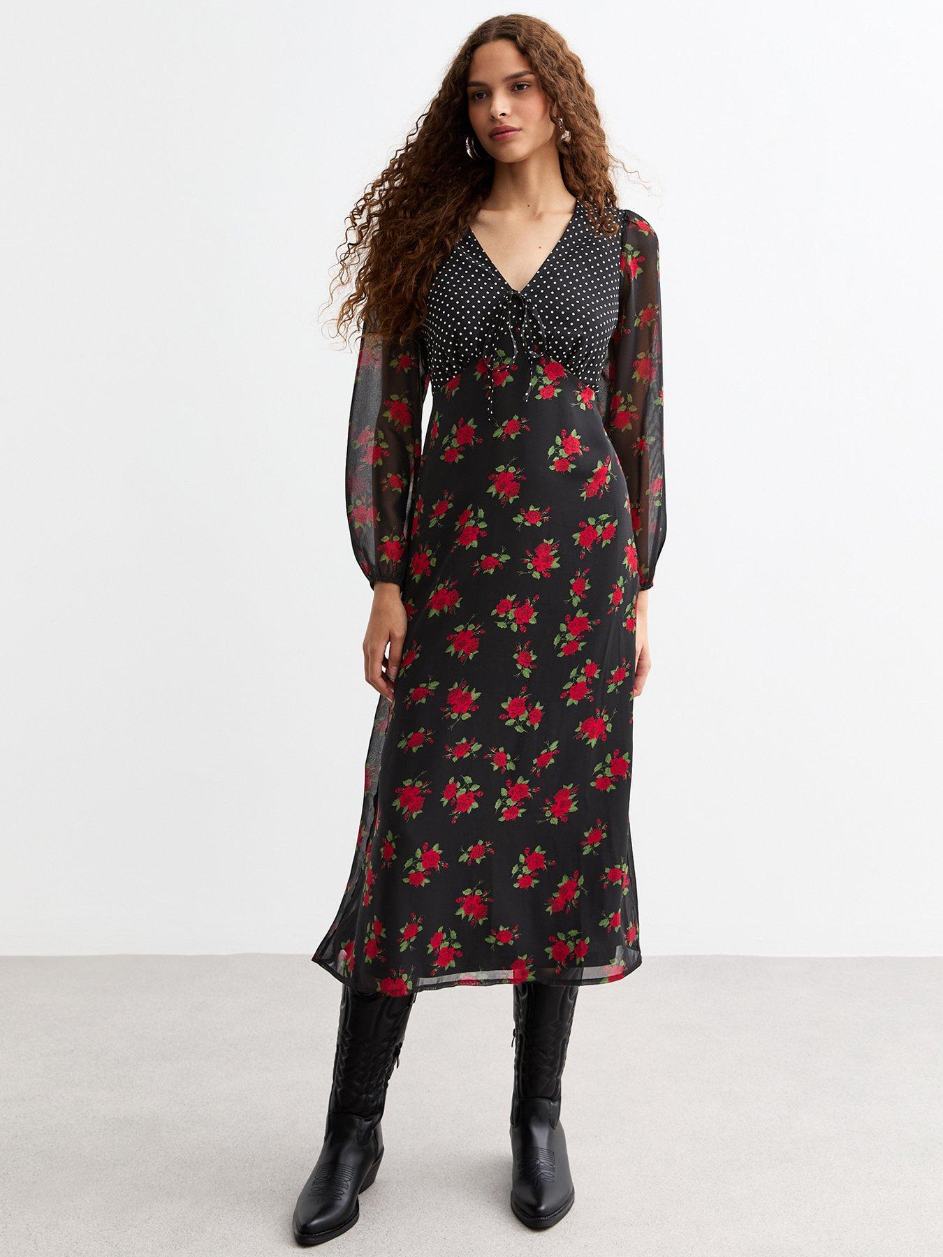 undefined Mixed Print A Line Midi Dress - Black